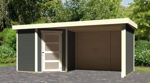 Berging / tuinhuis SET terra grijs met aanbouw dak 2,8 m breed, zij- en achterwand, grondoppervlakte: 4,45 m²