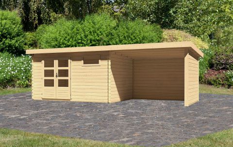 Berging / tuinhuis SET met lessenaarsdak incl. aanbouw dak, zijwand & achterwand, kleur: onbehandeld hout, grondoppervlakte: 10.36 m²