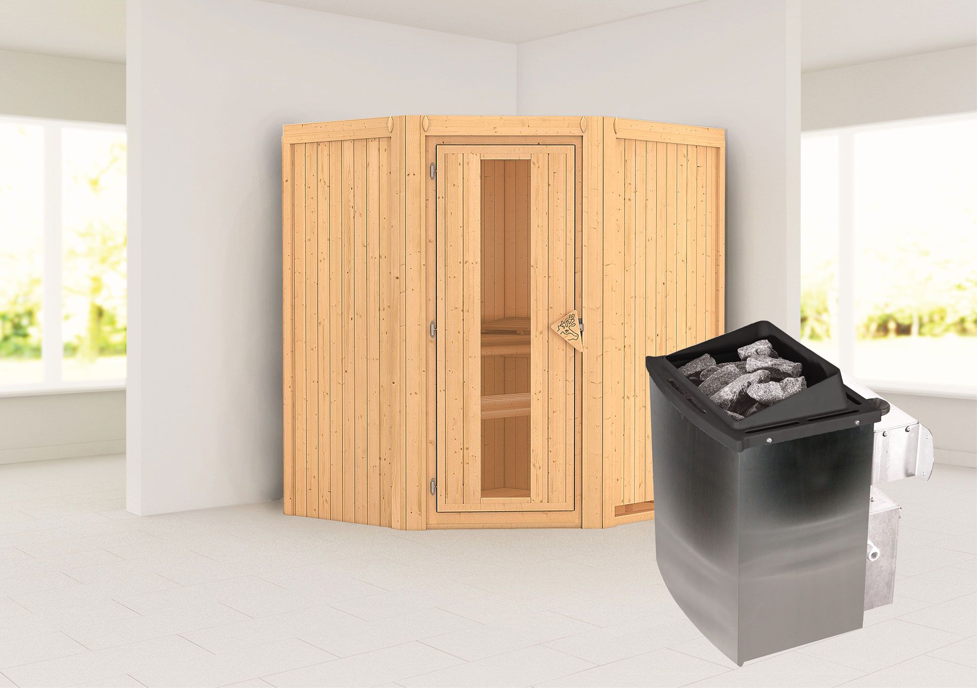 Sauna "Leevi" SET met energiebesparende deur - kleur: naturel, kachel 9 kW - 170 x 151 x 198 cm (B x D x H)