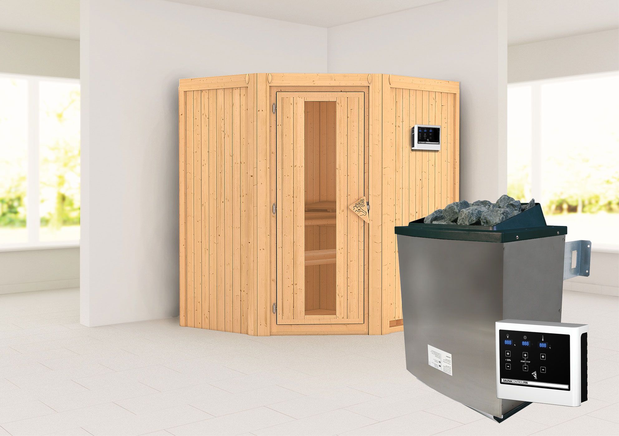 Sauna "Leevi" SET met energiebesparende deur - kleur: naturel, kachel externe regeling eenvoudig 9 kW - 170 x 151 x 198 cm (B x D x H)