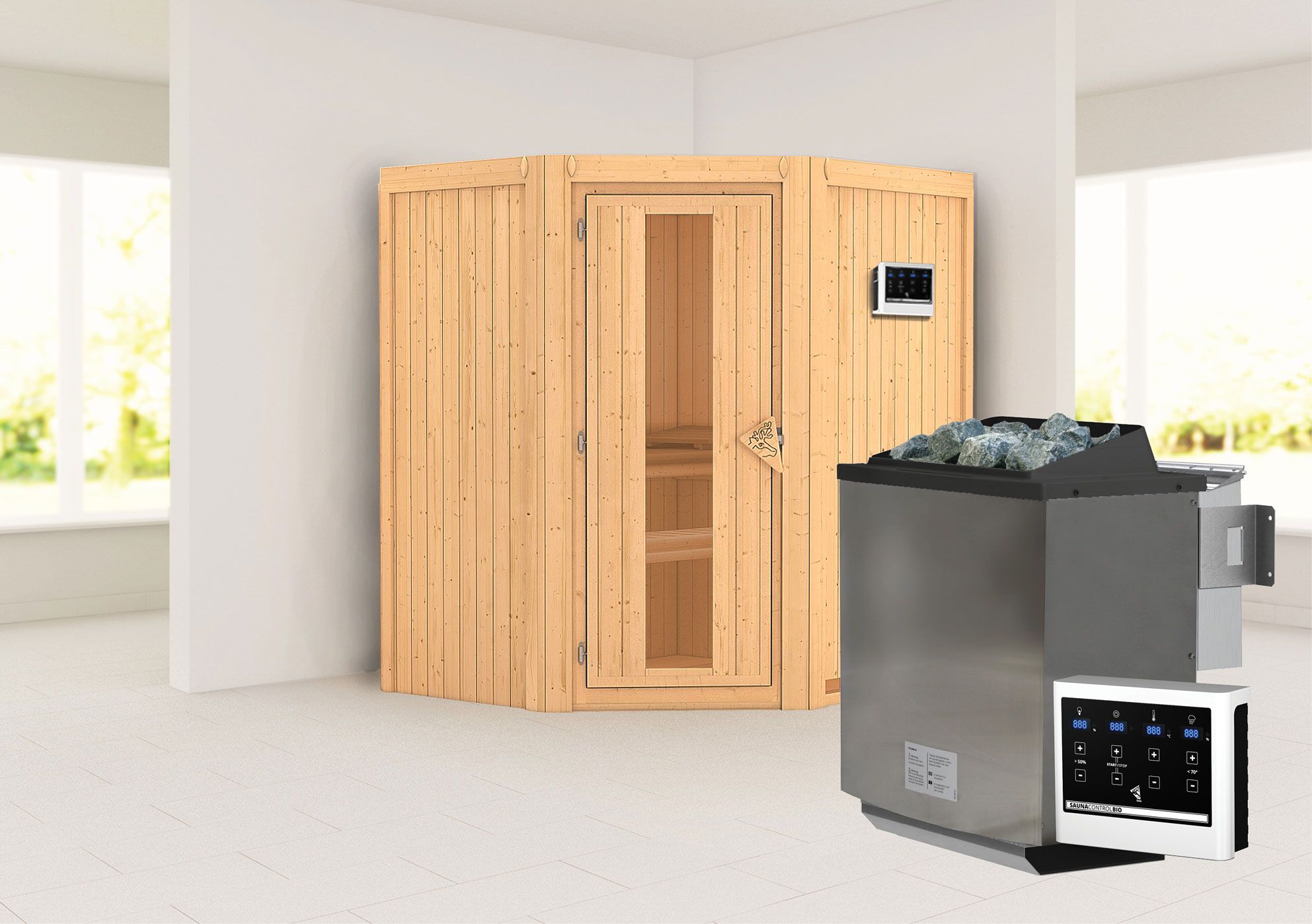 Sauna "Leevi" SET met energiebesparende deur - kleur: natuur, kachel BIO 9 kW - 170 x 151 x 198 cm (B x D x H)