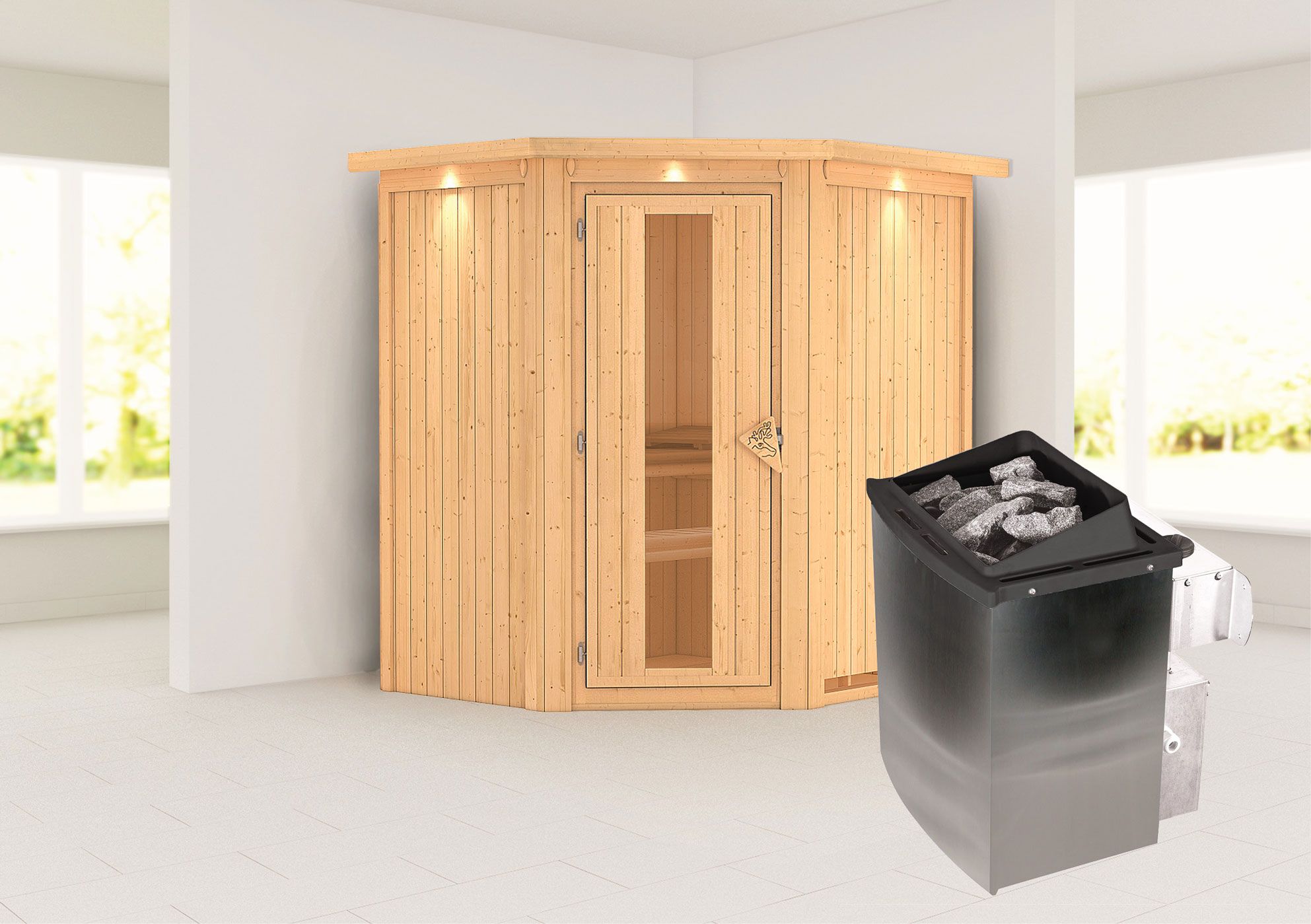 Sauna "Leevi" SET met energiebesparende deur en kroon - kleur: natuur, kachel 9 kW - 184 x 165 x 202 cm (B x D x H)