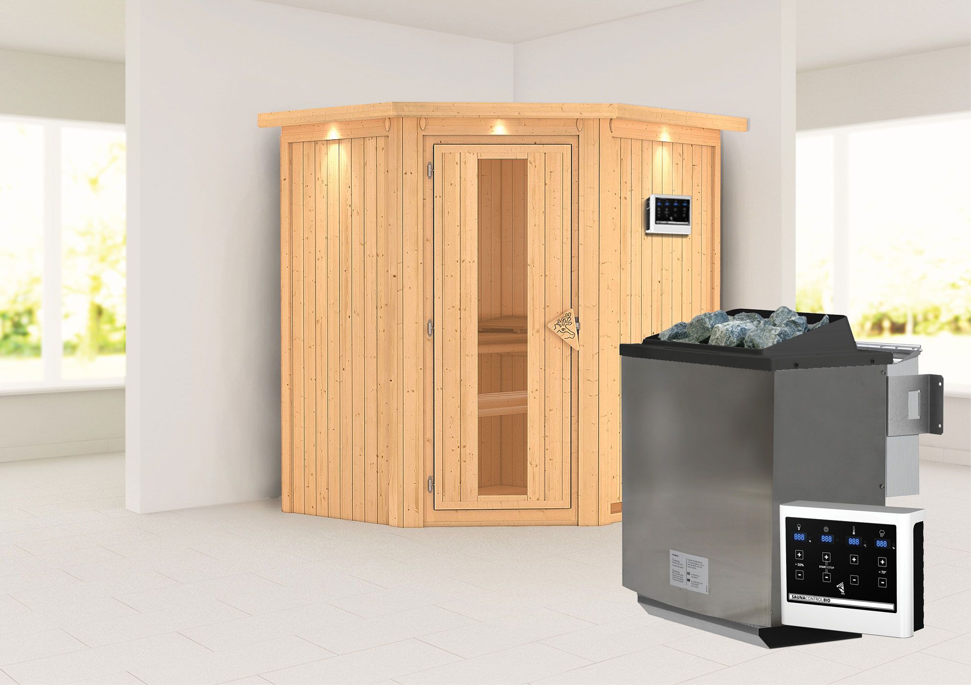 Sauna "Leevi" SET met energiebesparende deur en rand - Kleur: Naturel, Kachel BIO 9 kW - 184 x 165 x 202 cm (B x D x H)
