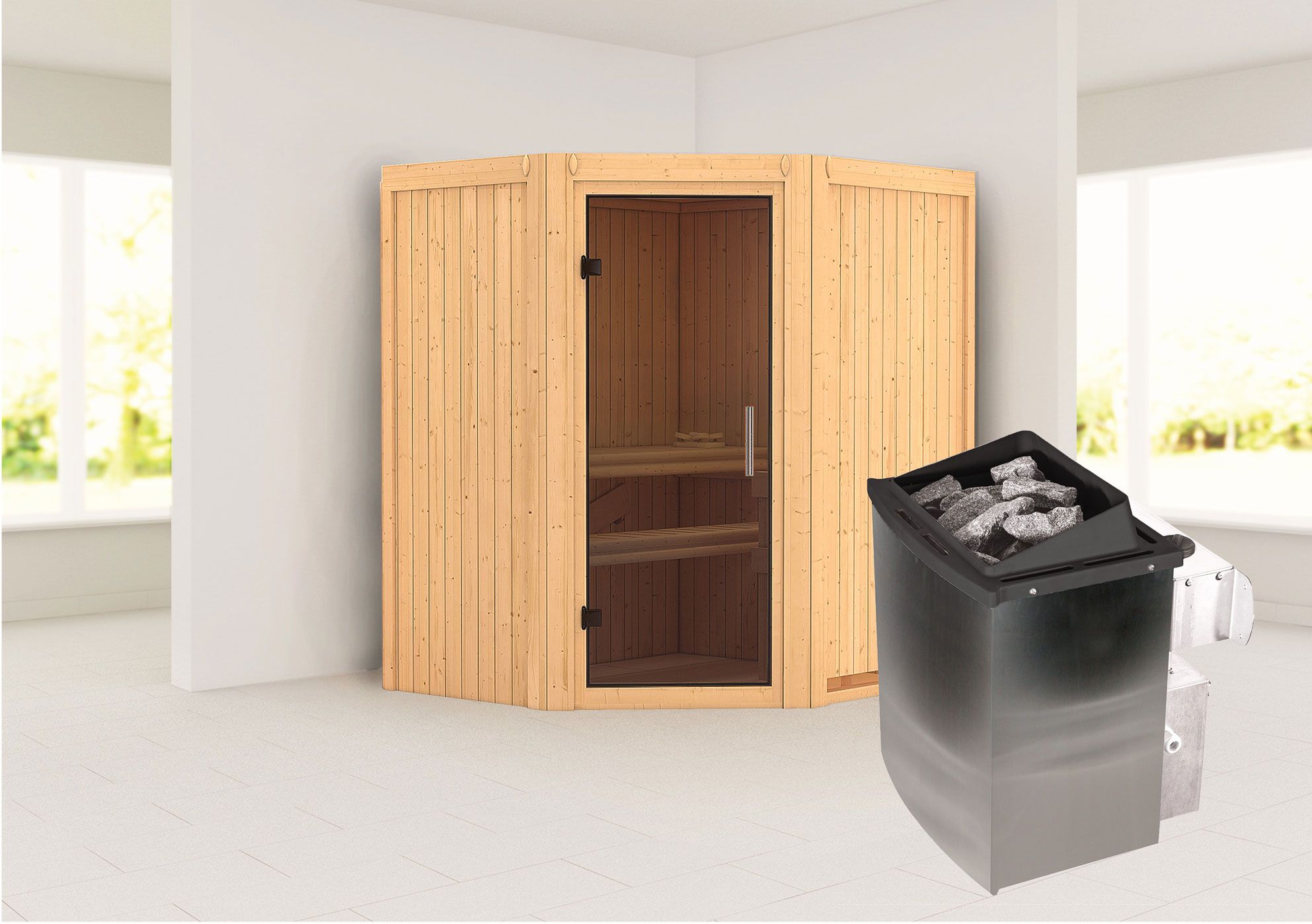 Sauna "Leevi" SET met grafietkleurige deur - kleur: naturel, kachel 9 kW - 170 x 151 x 198 cm (B x D x H)