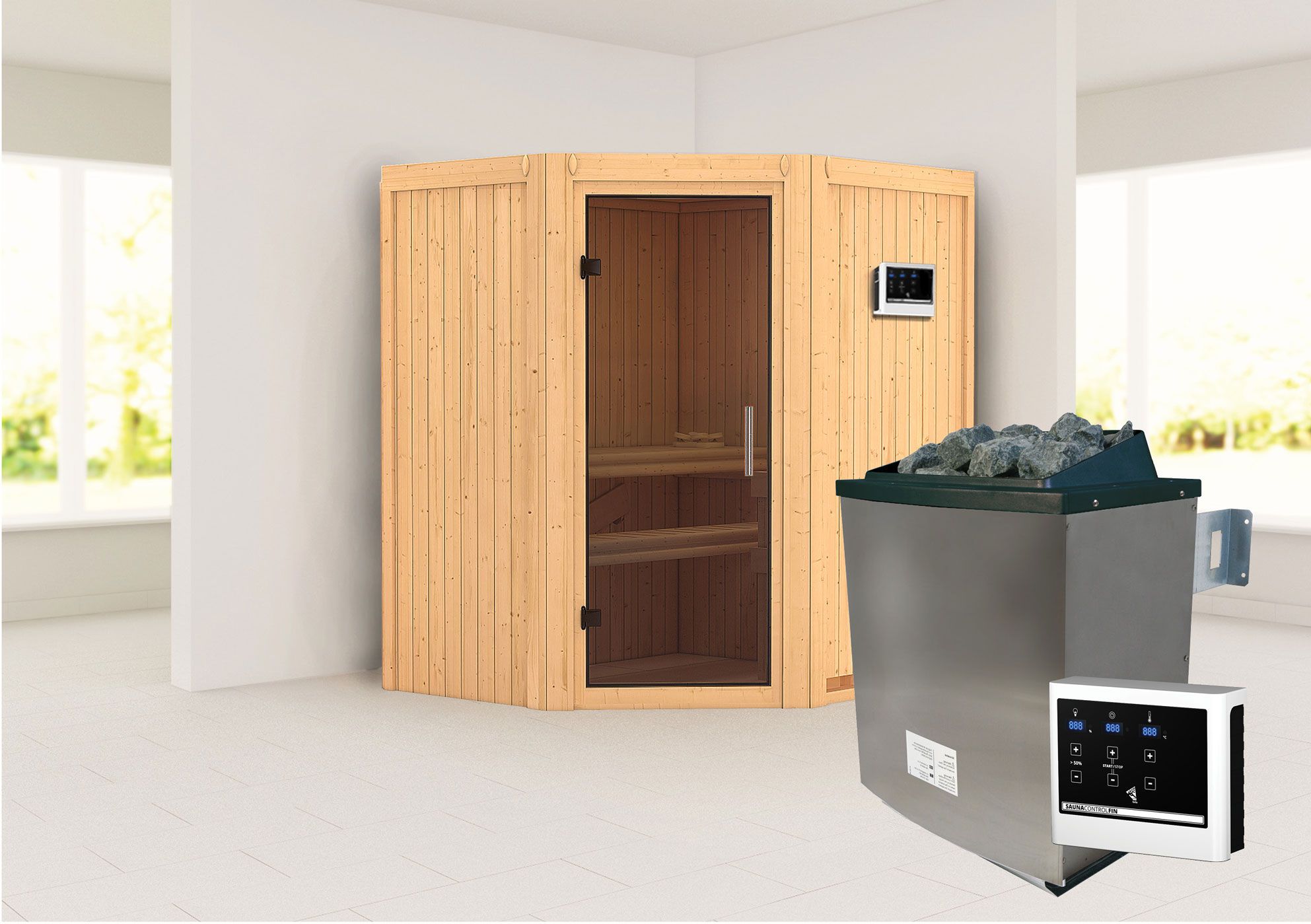 Sauna "Leevi" SET met grafietkleurige deur - kleur: naturel, kachel externe regeling eenvoudig 9 kW - 170 x 151 x 198 cm (B x D x H)