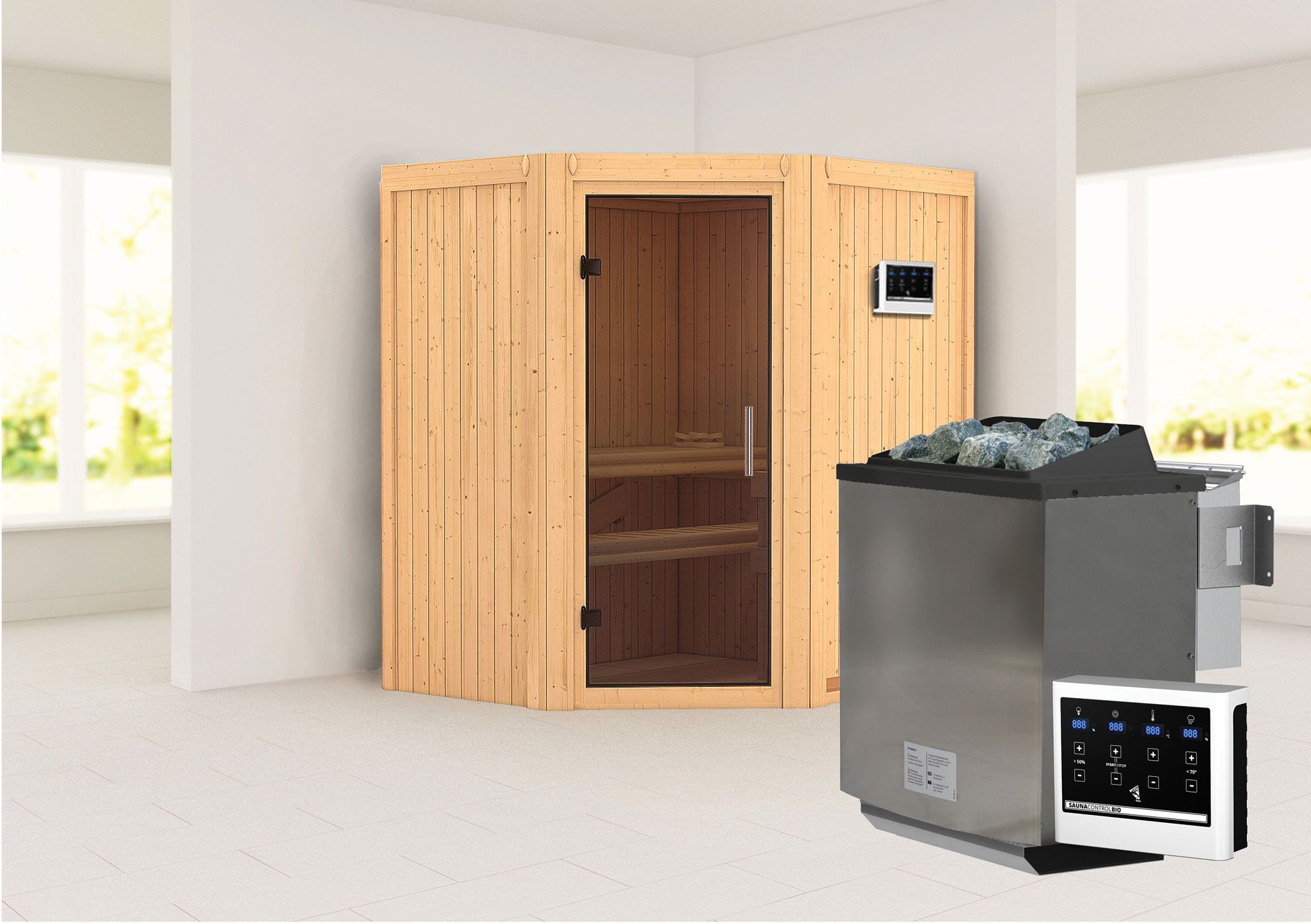 Sauna "Leevi" SET met grafietkleurige deur - kleur: naturel, oven BIO 9 kW - 170 x 151 x 198 cm (B x D x H)