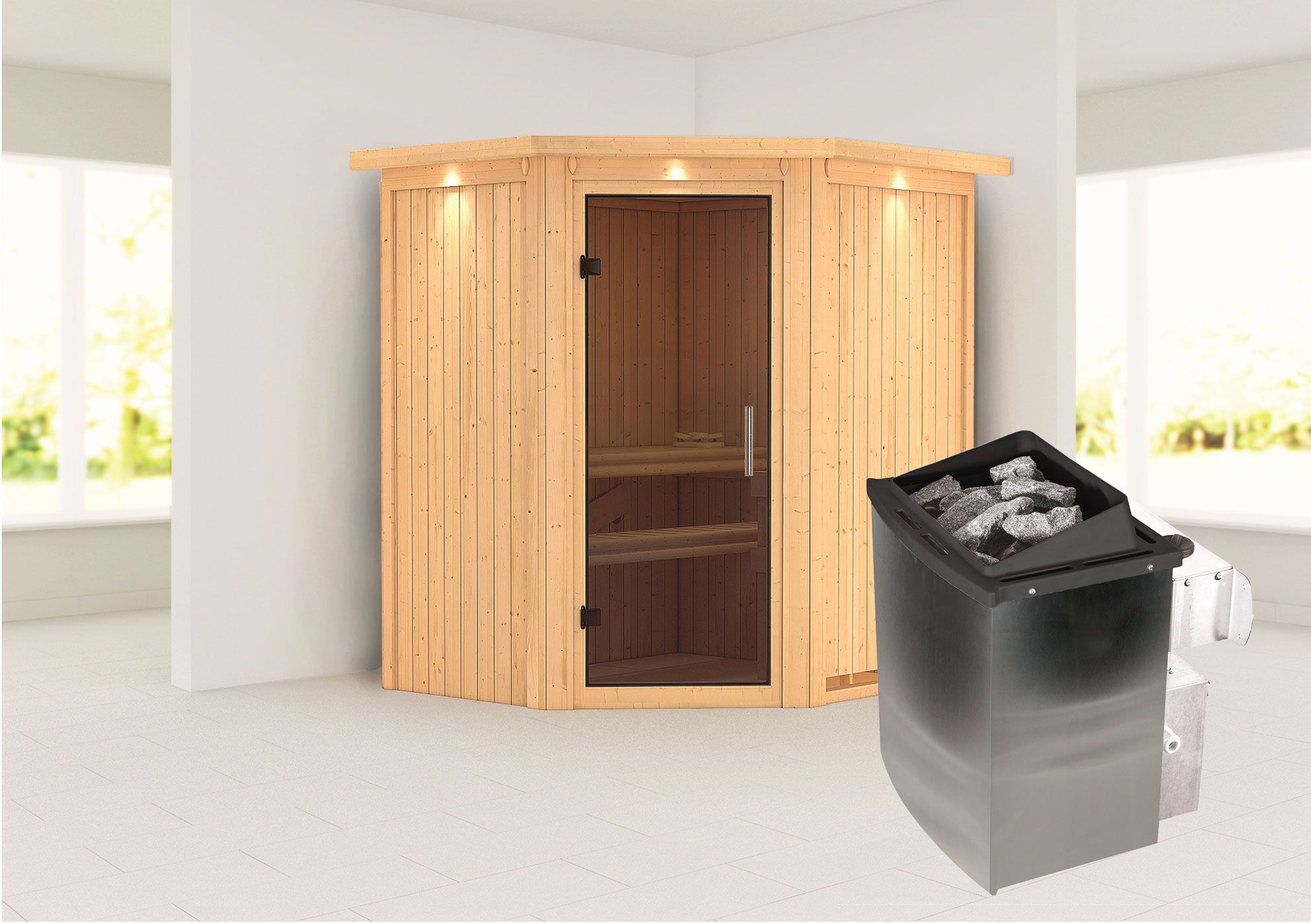 Sauna "Leevi" SET met grafietkleurige deur en rand - kleur: naturel, kachel 9 kW - 184 x 165 x 202 cm (B x D x H)