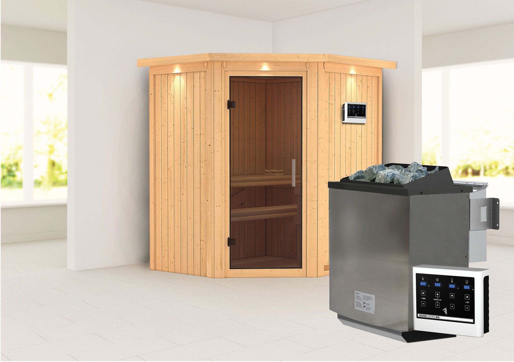 Sauna "Leevi" SET met grafietkleurige deur en rand - kleur: naturel, kachel BIO 9 kW - 184 x 165 x 202 cm (B x D x H)