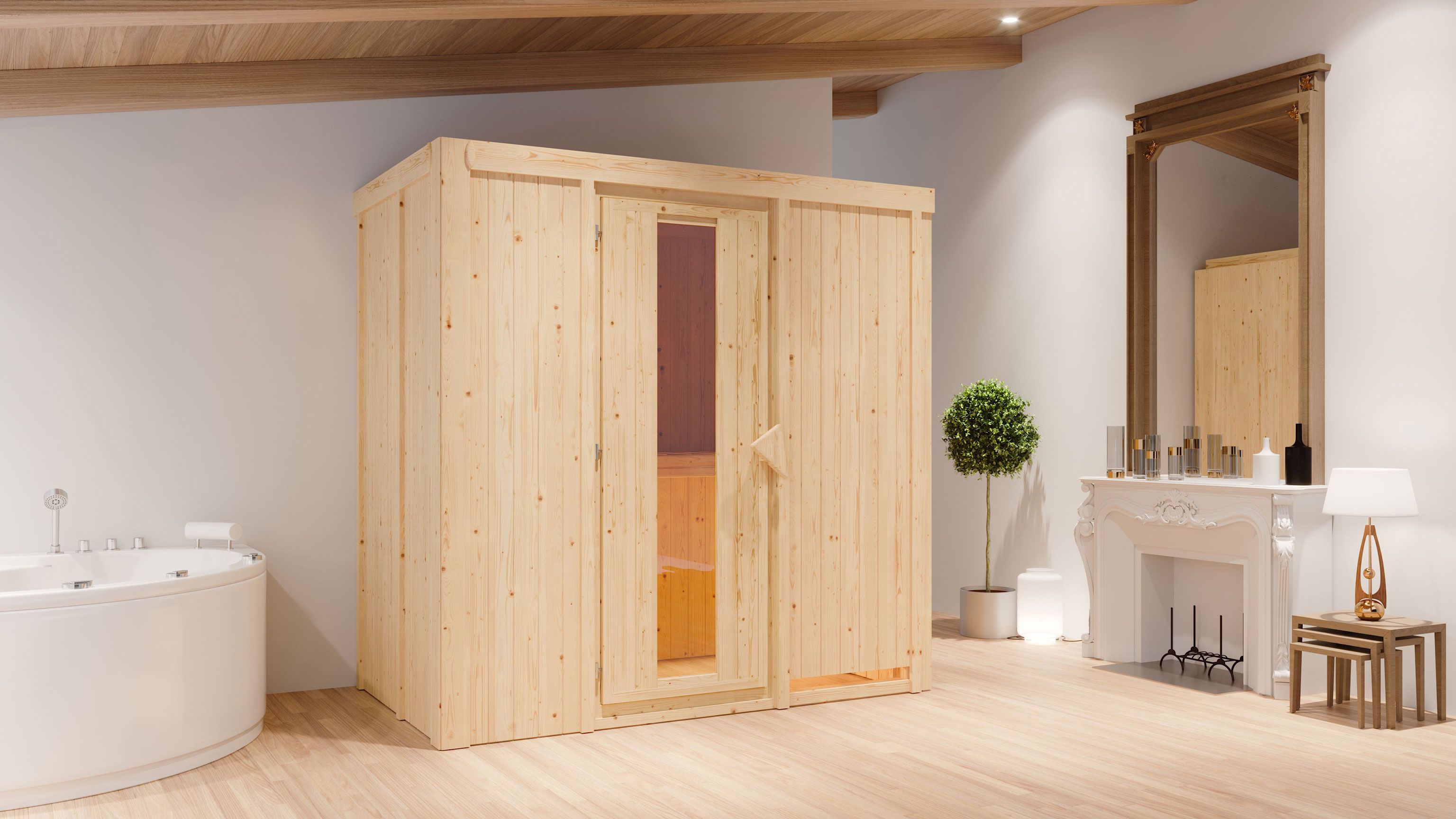 Eeli" sauna met energiebesparende deur - Kleur: Naturel - 196 x 118 x 198 cm (B x D x H)