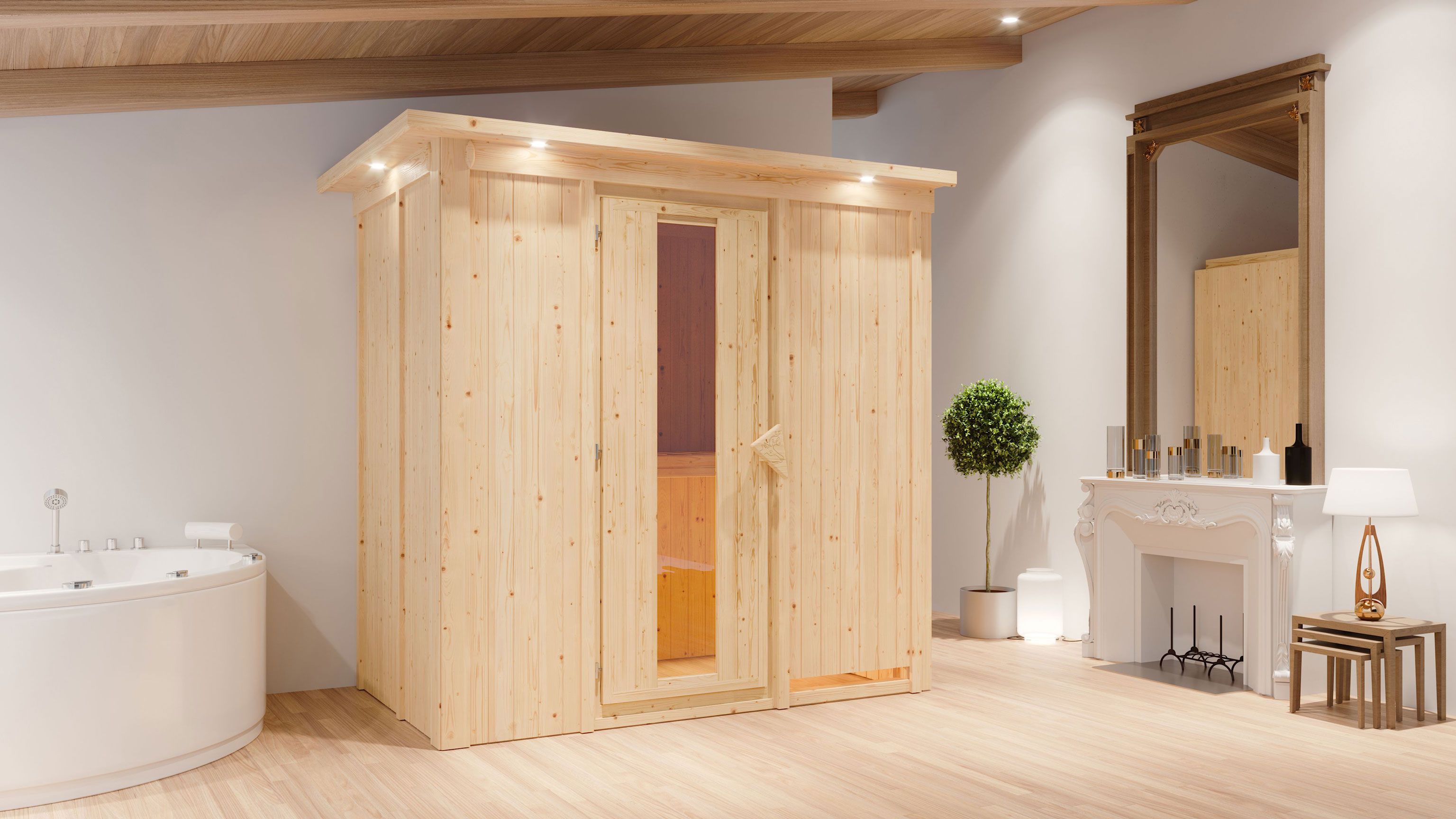 Eeli" sauna met energiebesparende deur en rand - Kleur: Naturel - 210 x 132 x 202 cm (B x D x H)