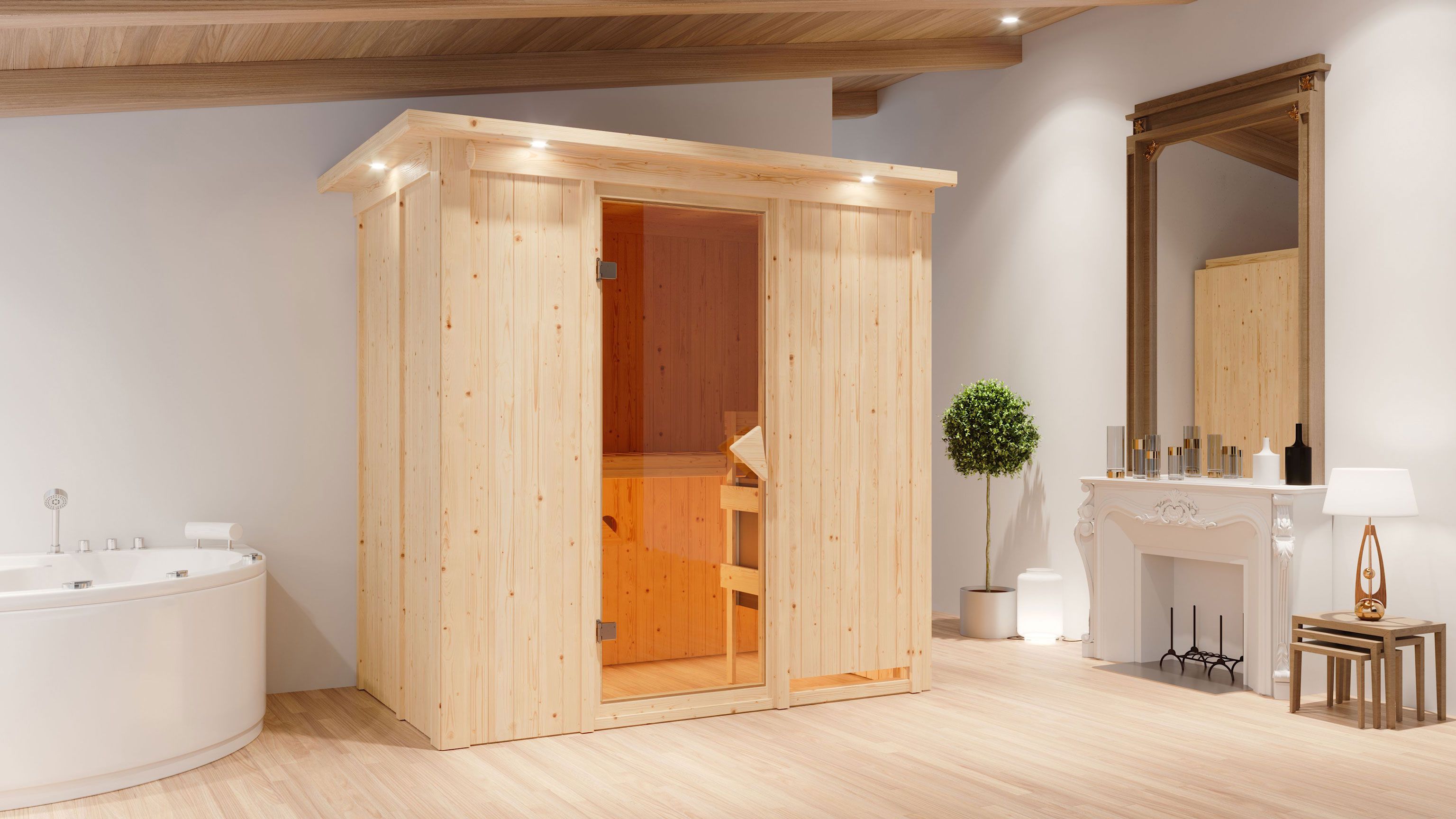 SET-sauna "Eeli" met bronskleurige deur en rand met 9 kW kachel - 210 x 132 x 202 cm (B x D x H)