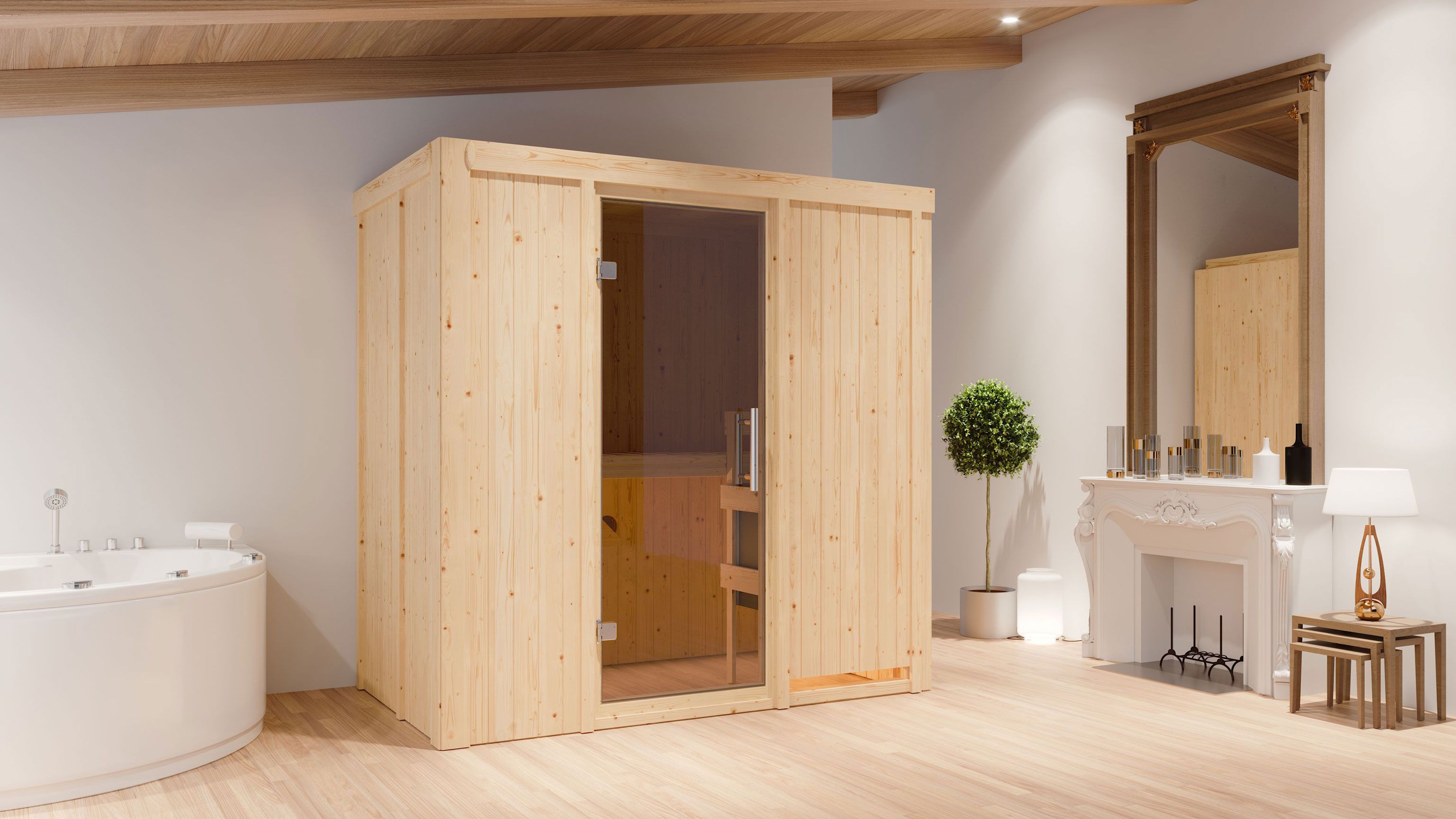 Sauna "Eeli" SET met grafietkleurige deur & externe kachelbediening easy 9 kW - 196 x 118 x 198 cm (B x D x H)