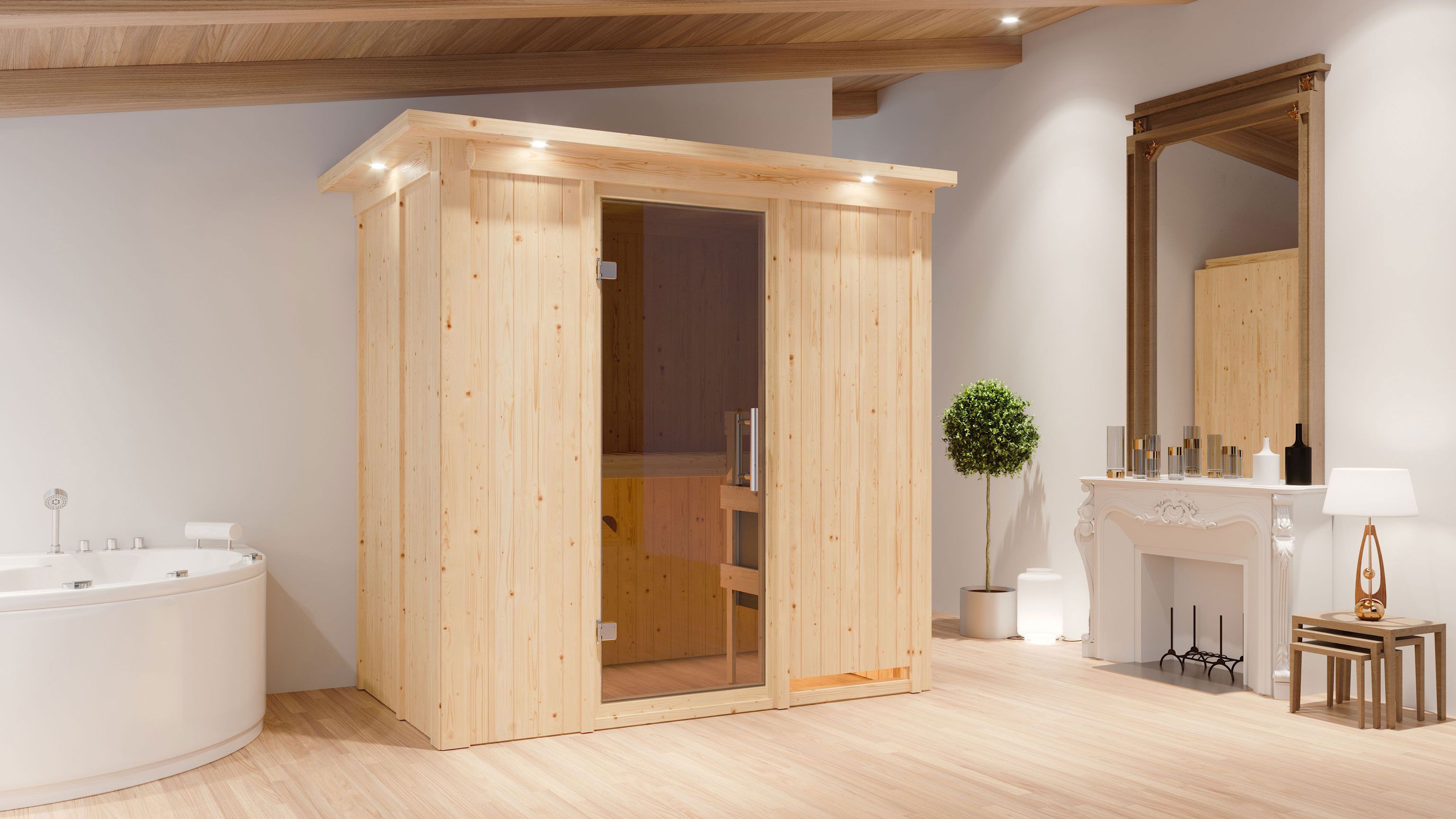 Eeli" sauna met grafietkleurige deur en rand - kleur: naturel - 210 x 132 x 202 cm (B x D x H)