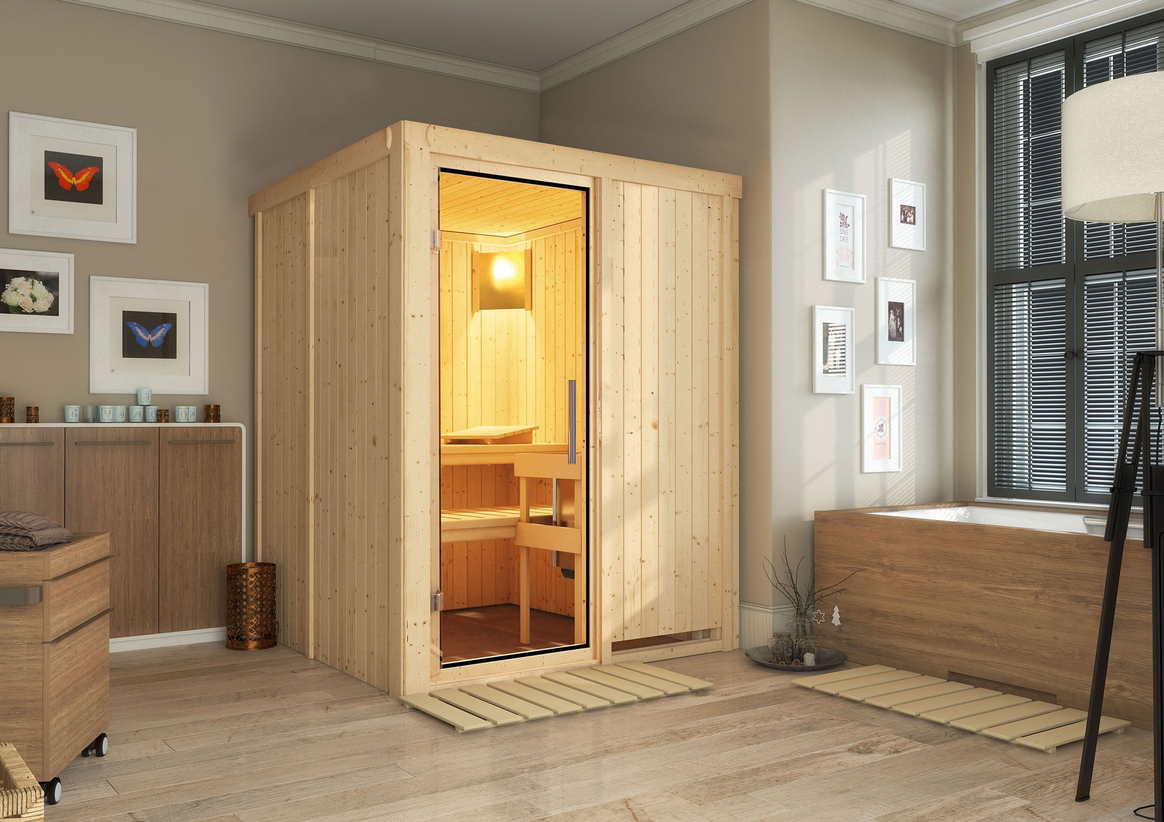 Niilo" sauna met heldere glazen deur - kleur: naturel - 151 x 151 x 198 cm (B x D x H)