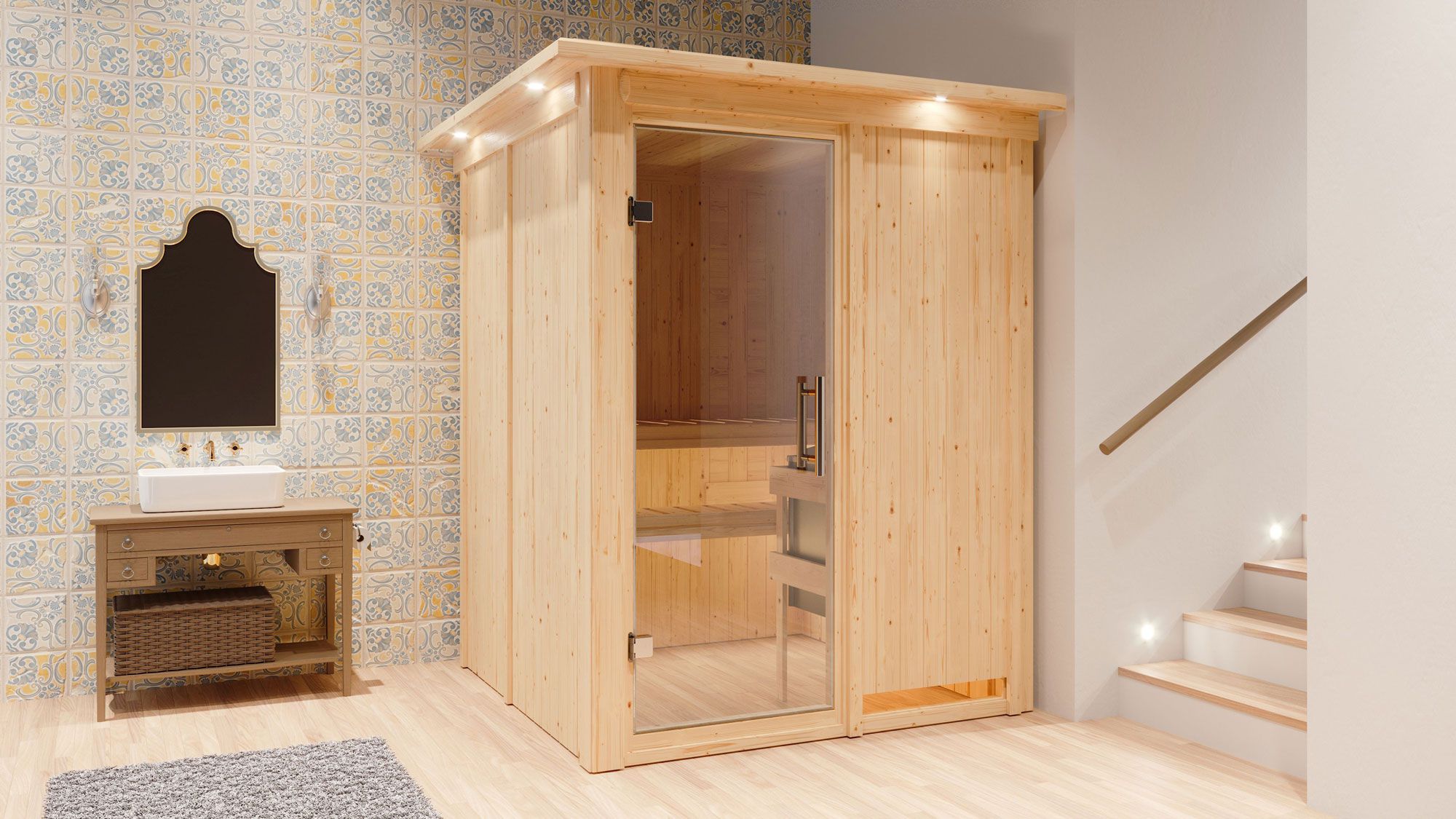 Sauna "Niilo" SET met heldere glazen deur en kroonverwarming externe regeling eenvoudig 9 KW - 165 x 165 x 202 cm (B x D x H)