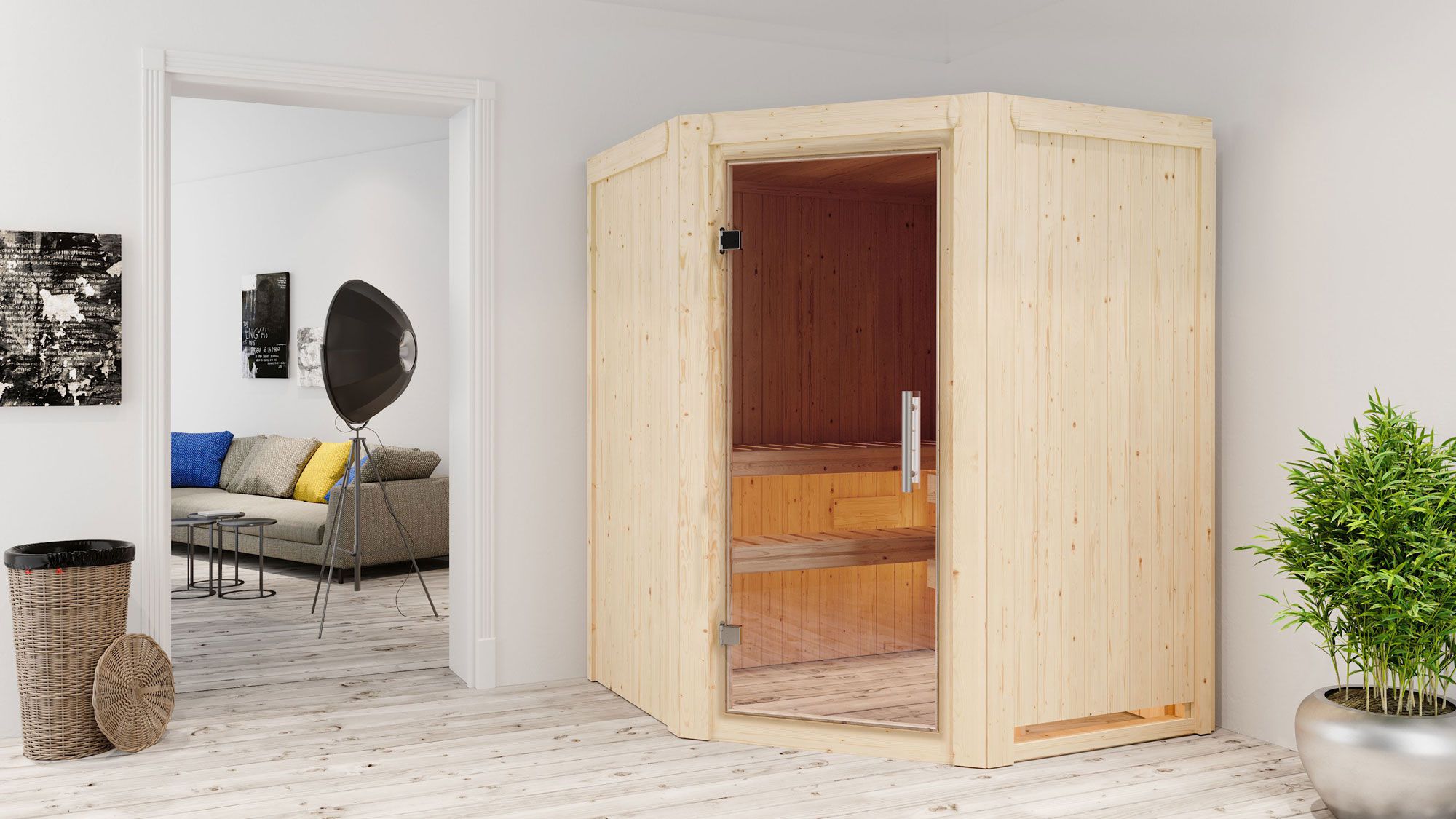 Eetu" sauna met heldere glazen deur - Kleur: Naturel - 151 x 151 x 198 cm (B x D x H)