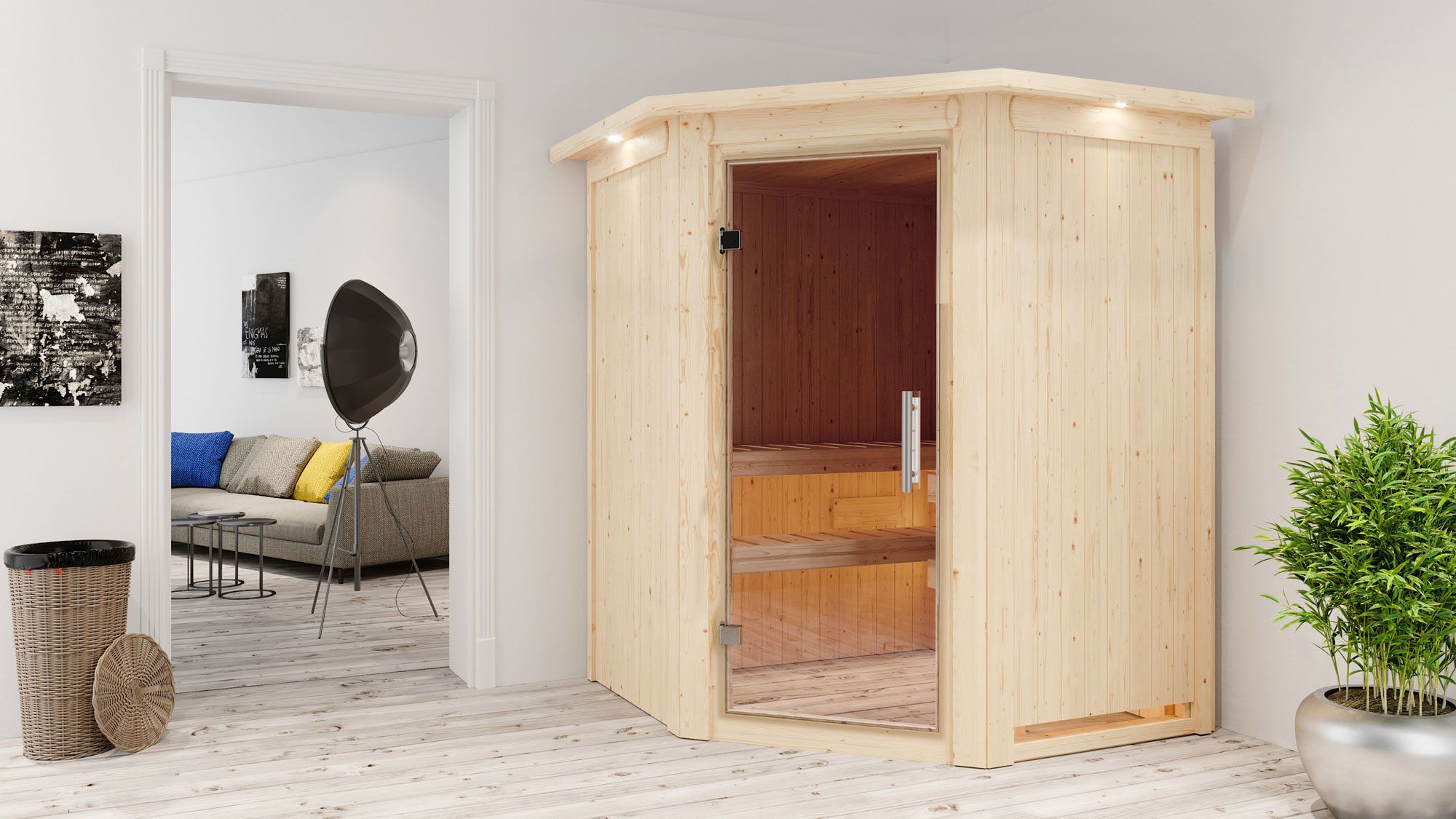 Sauna "Eetu" SET met heldere glazen deur, kroon & kachel externe regeling gemakkelijk 9 KW - 165 x 165 x 202 cm (B x D x H)