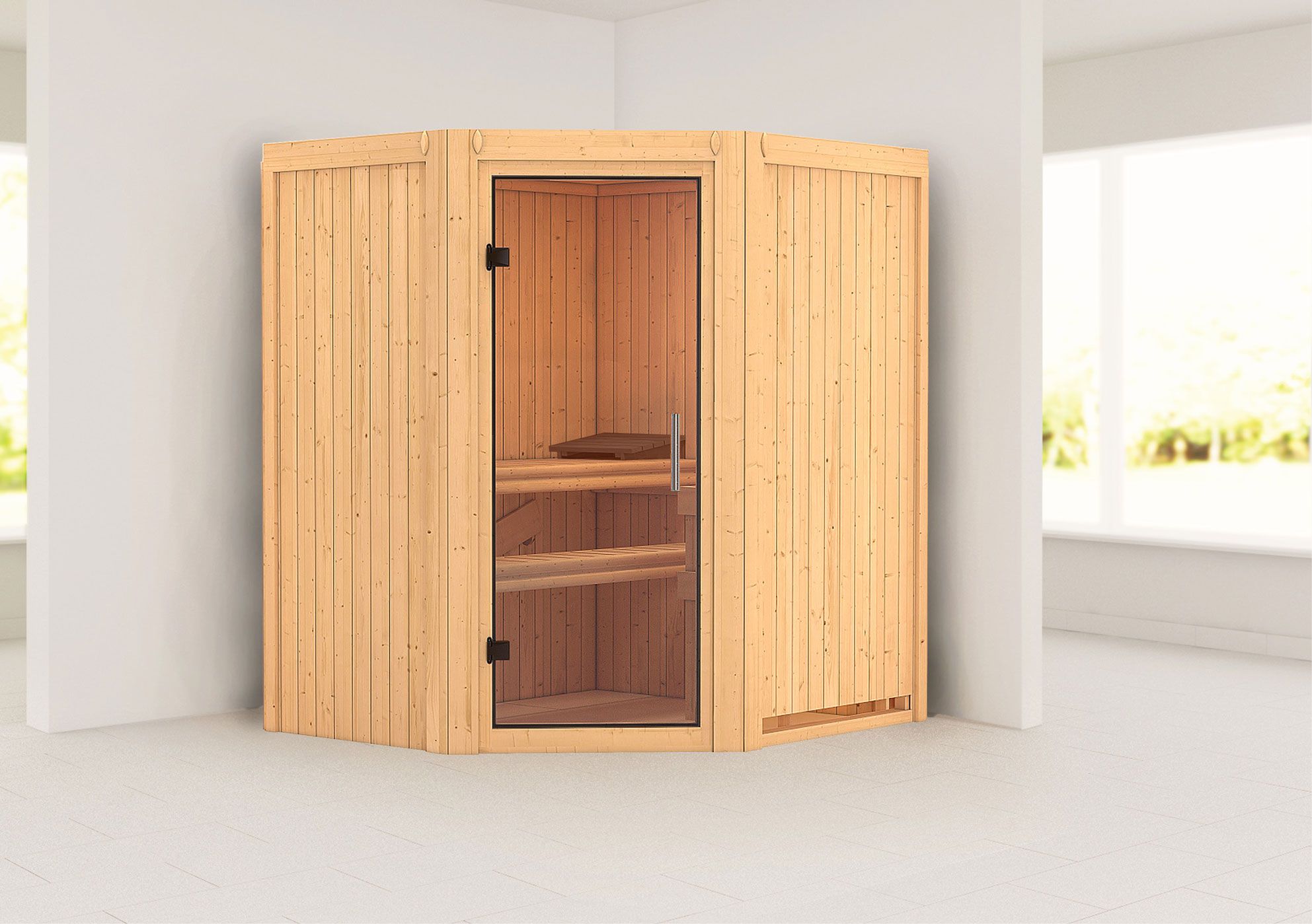 Sauna "Leevi" met heldere glazen deur - Kleur: Natuurlijk - 170 x 151 x 198 cm (B x D x H)