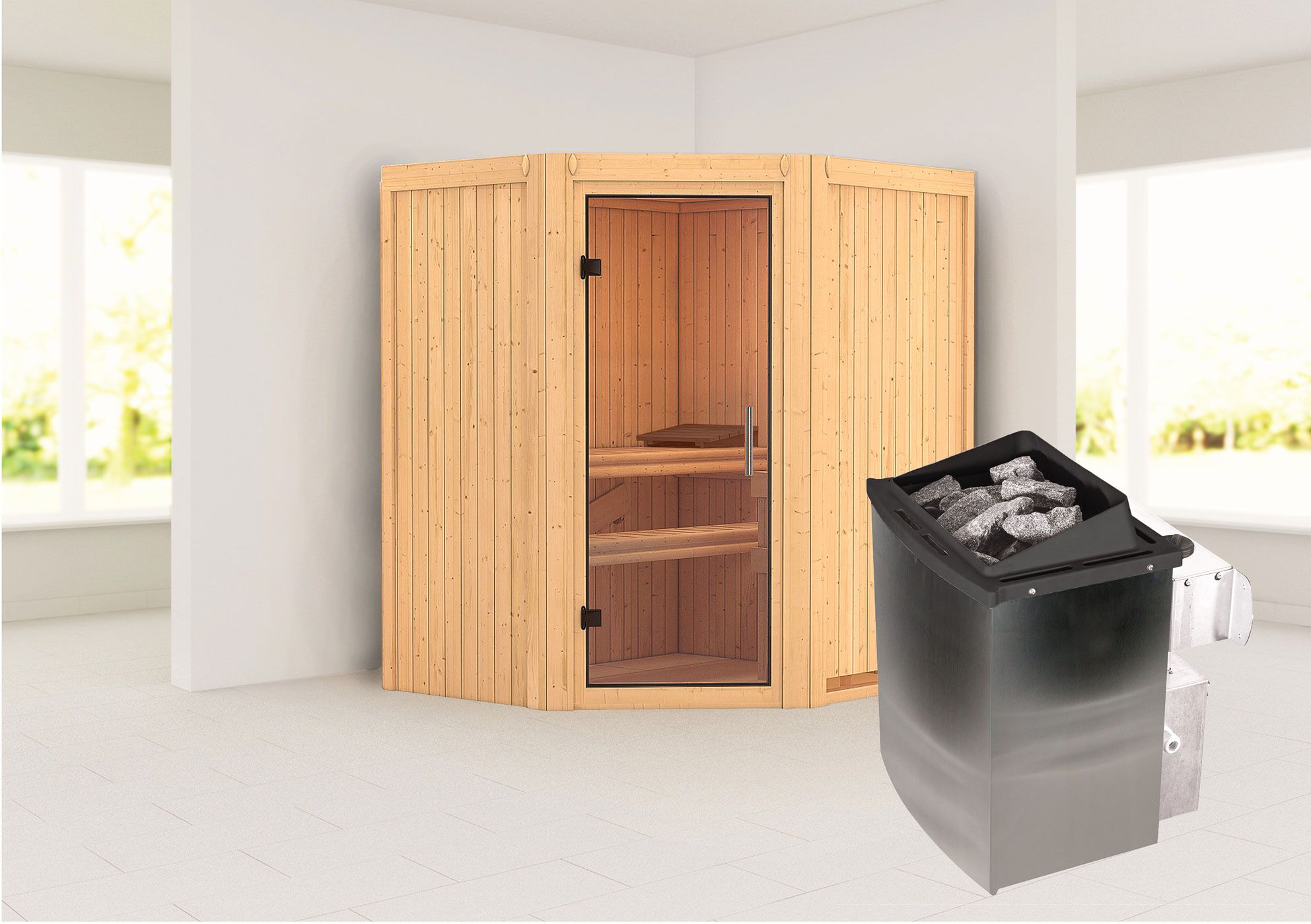 Sauna "Leevi" SET met heldere glazen deur & kachel 9 kW - 170 x 151 x 198 cm (B x D x H)