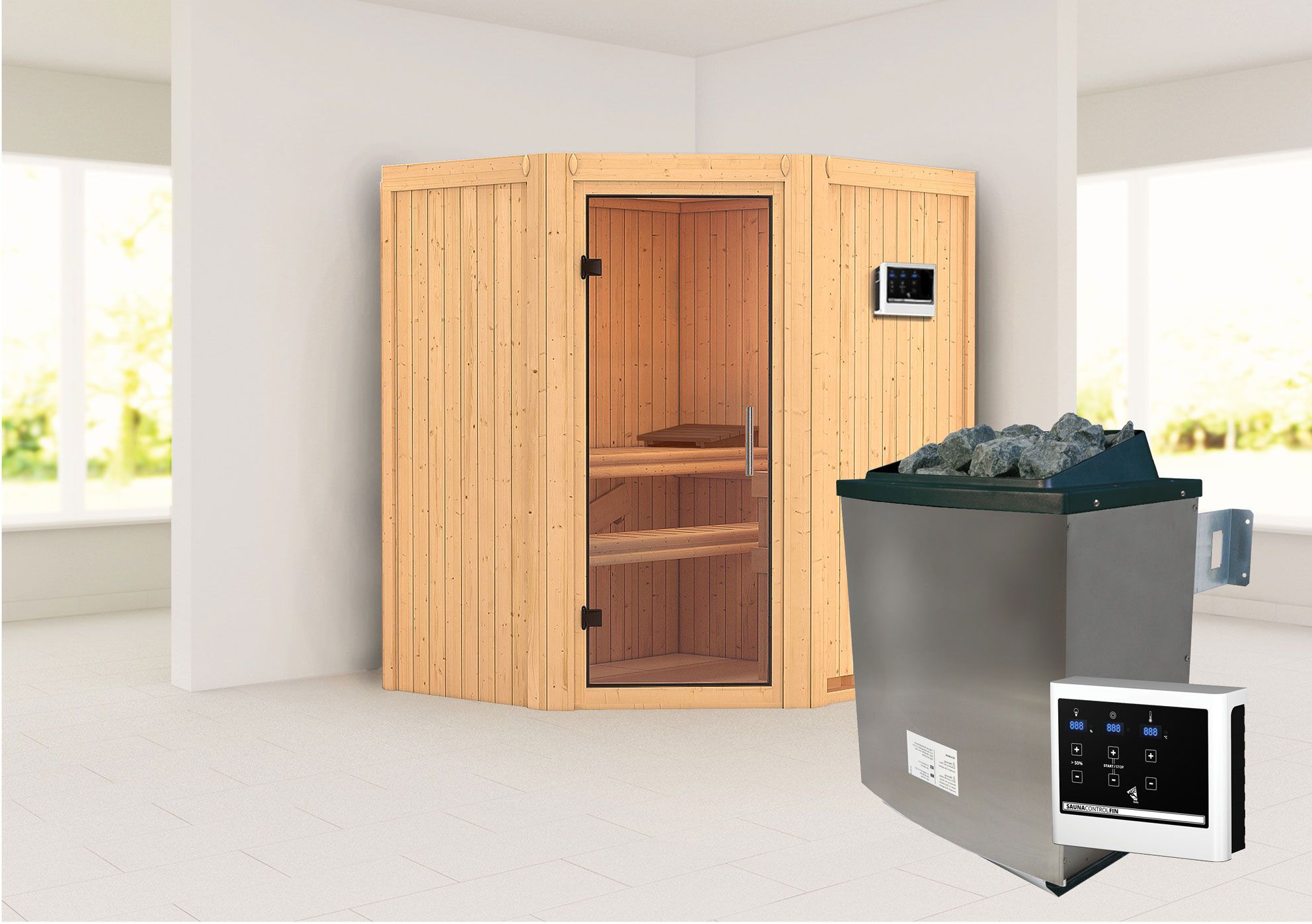 Sauna "Leevi" SET met heldere glazen deur & kachel externe regeling eenvoudig 9 KW - 170 x 151 x 198 cm (B x D x H)