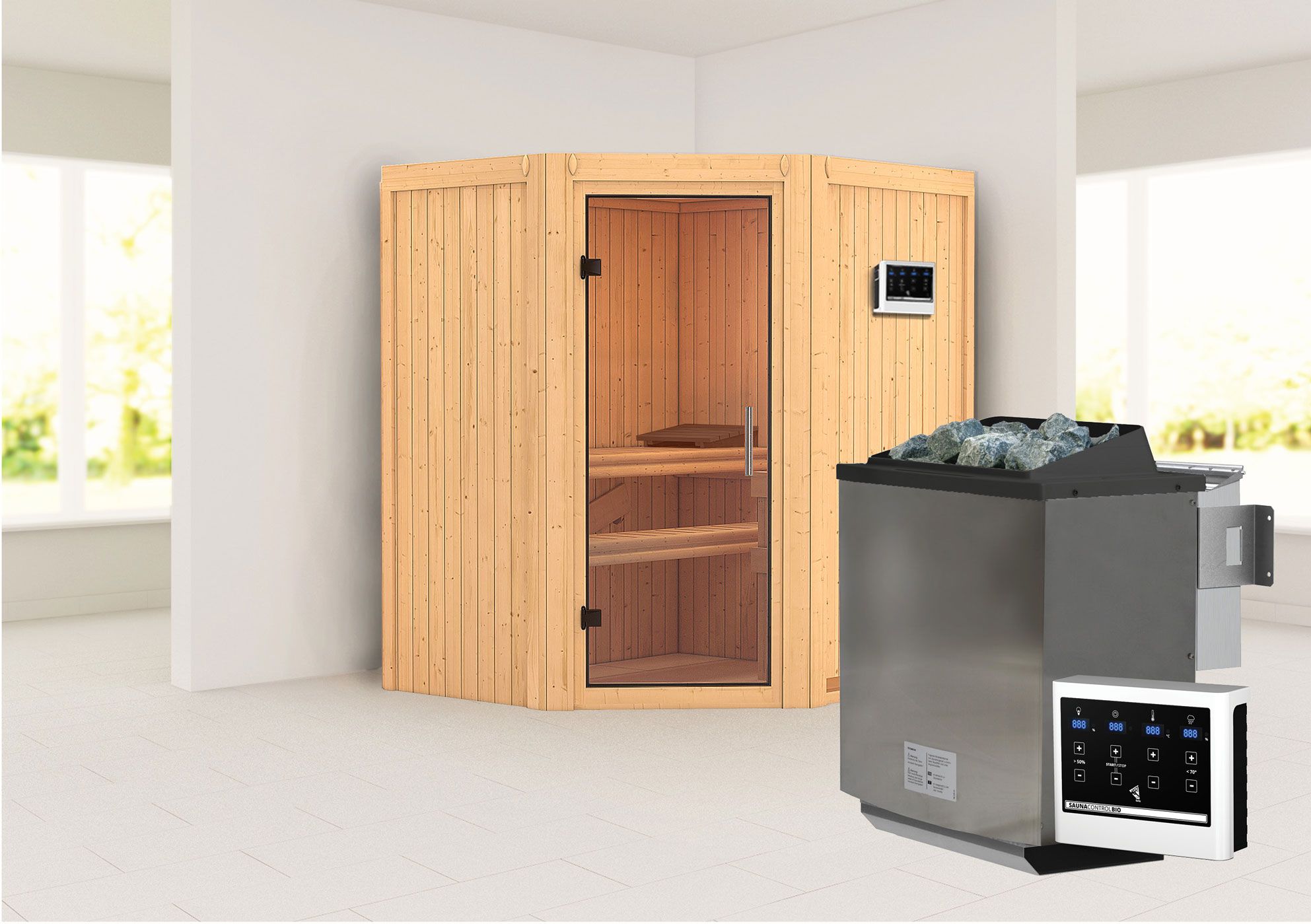Sauna "Leevi" SET met heldere glazen deur & kachel BIO 9 kW - 170 x 151 x 198 cm (B x D x H)