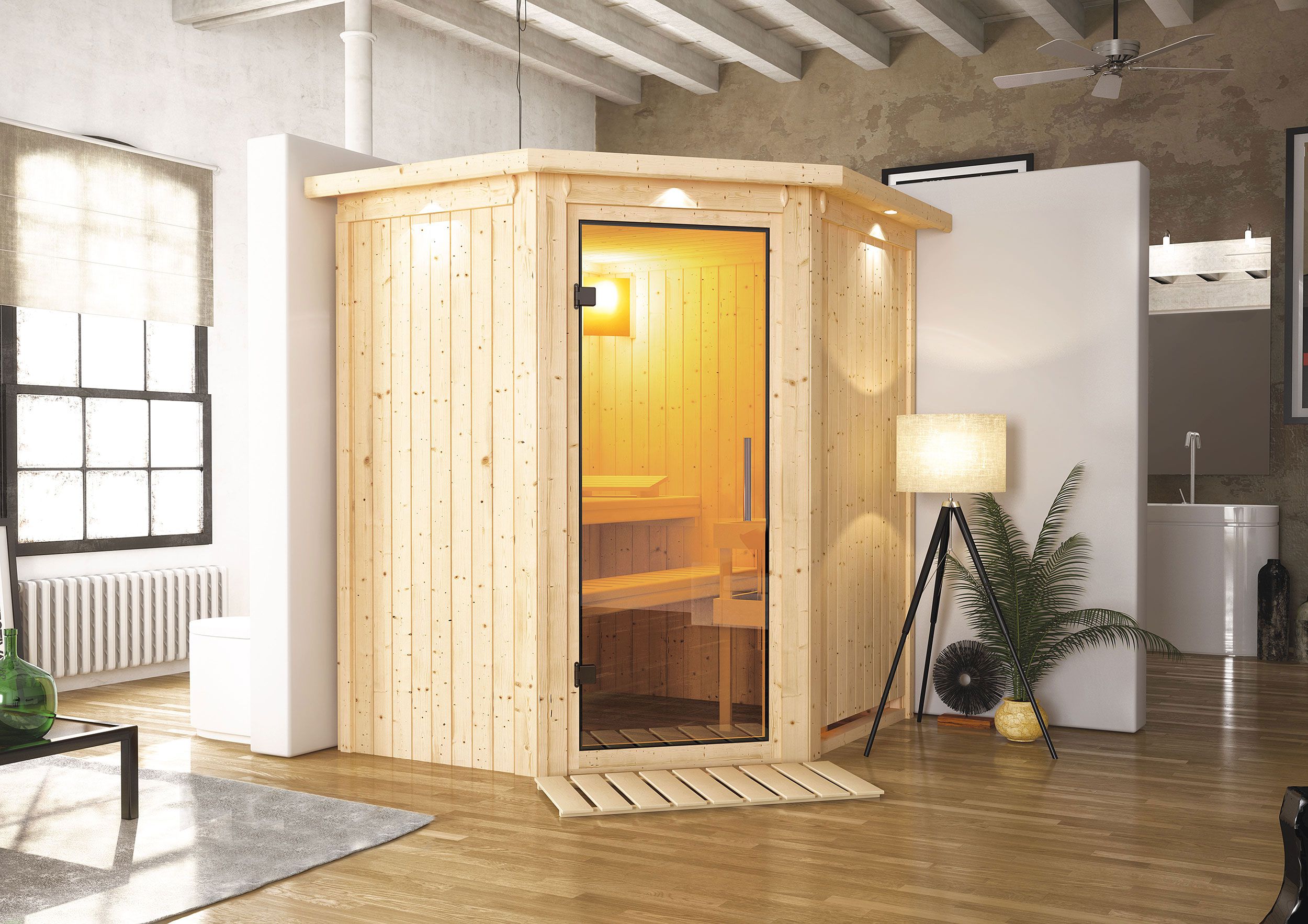 Leevi" sauna met deur en rand van helder glas - Kleur: Naturel - 184 x 165 x 202 cm (B x D x H)