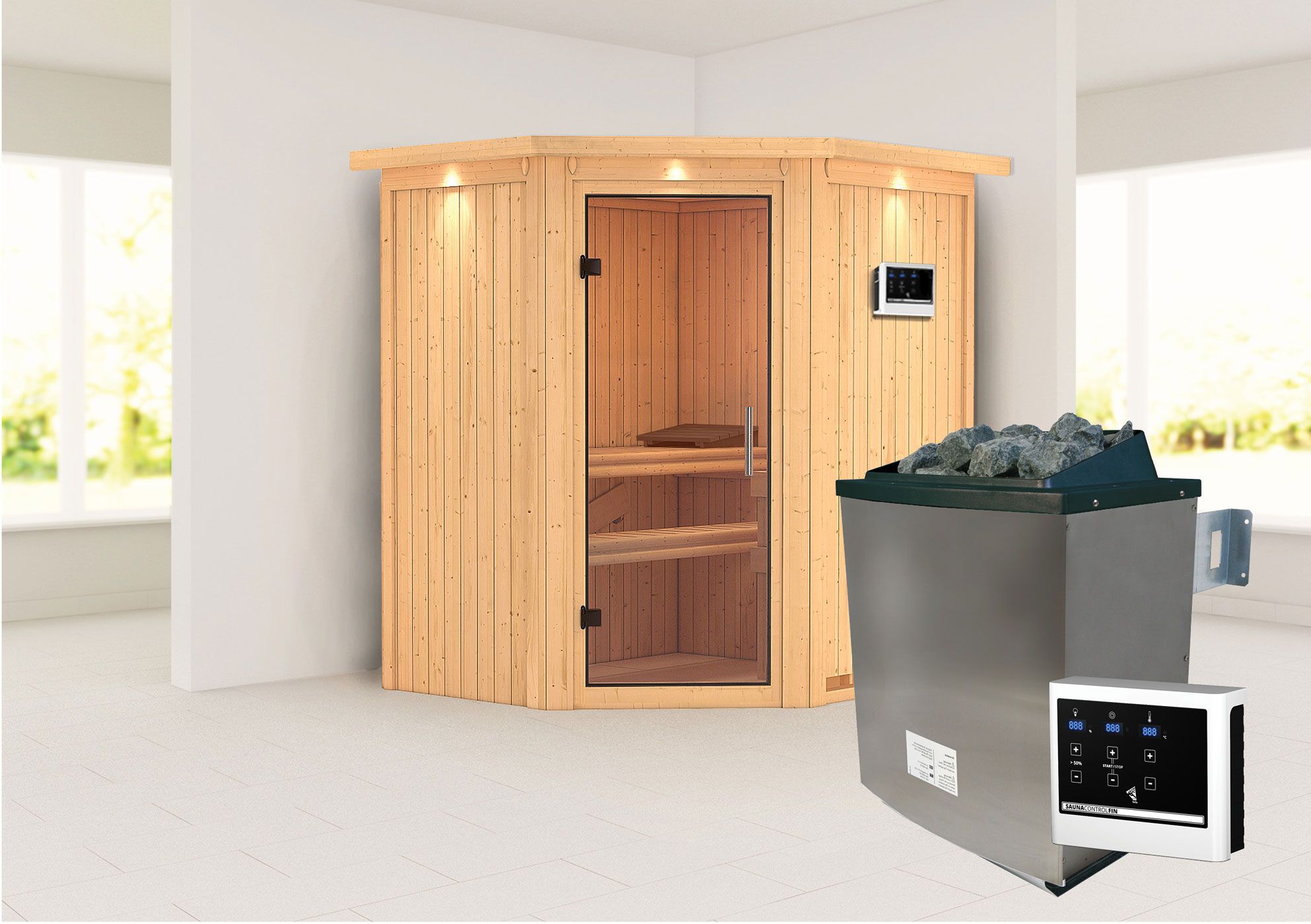 Sauna "Leevi" SET met heldere glazen deur, kroon & kachel externe regeling gemakkelijk 9 KW - 184 x 165 x 202 cm (B x D x H)