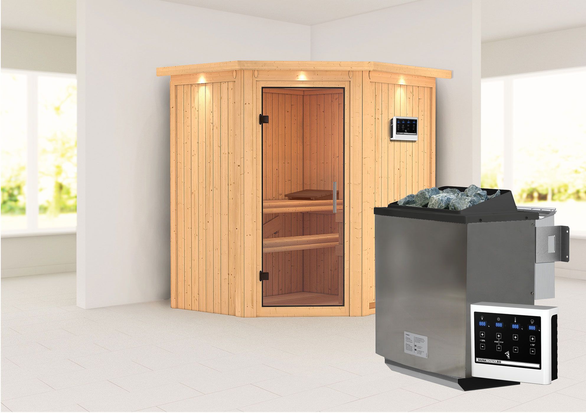 Sauna "Leevi" SET met heldere glazen deur, kroon & kachel BIO 9 kW - 184 x 165 x 202 cm (B x D x H)