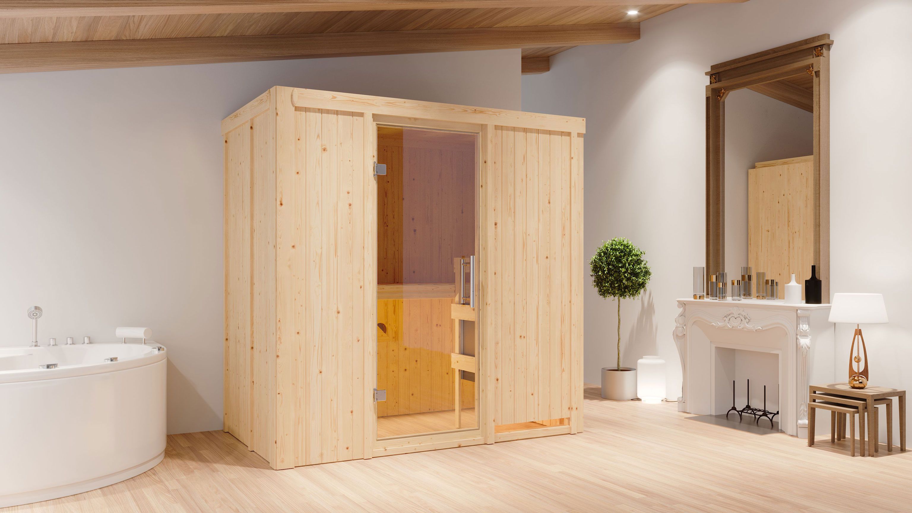 Eeli" sauna met heldere glazen deur - kleur: naturel - 196 x 118 x 198 cm (B x D x H)