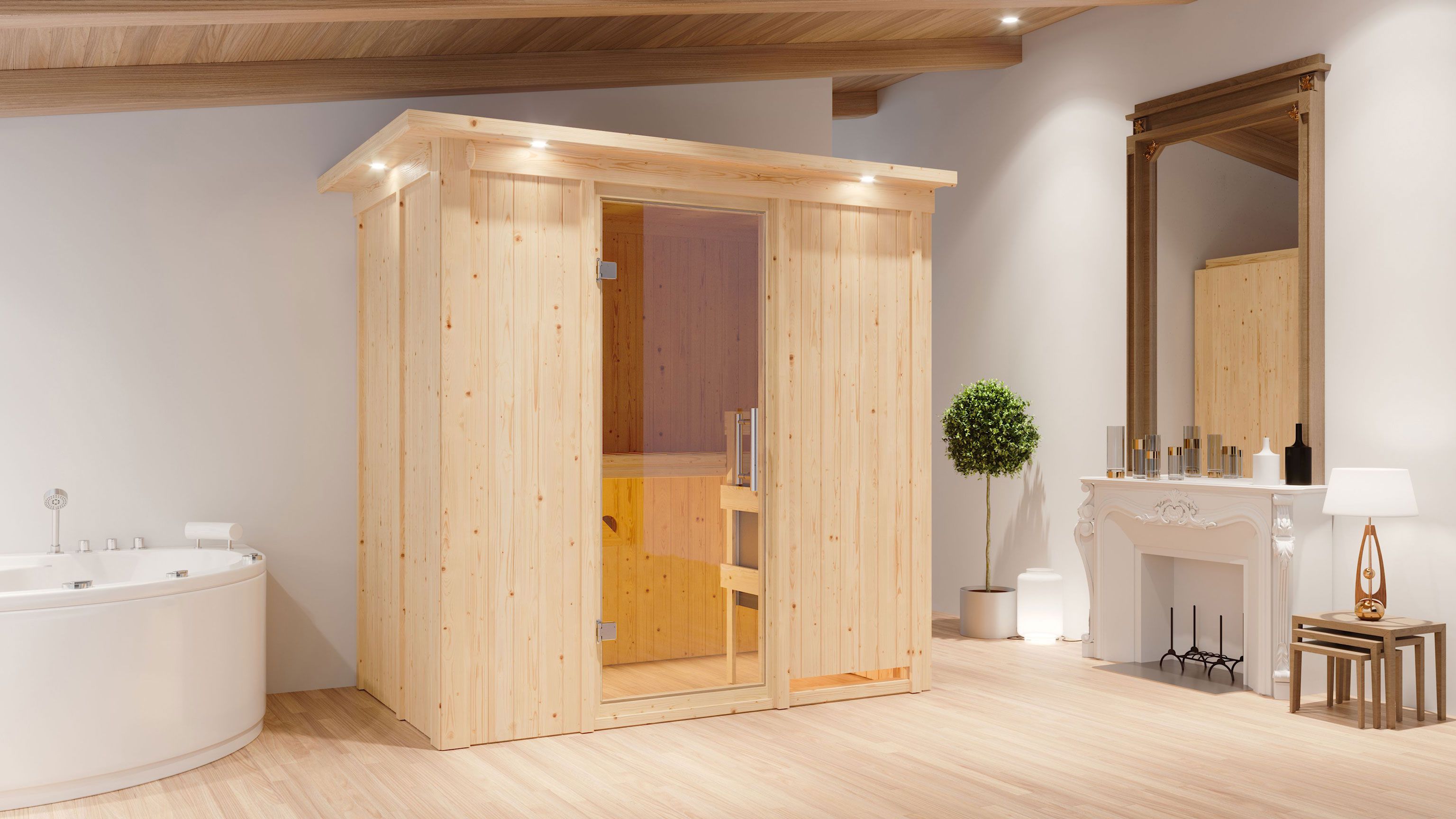 Sauna "Eeli" SET met helder glazen deur, kroonlijst & kachel 9 kW - 210 x 132 x 202 cm (B x D x H)