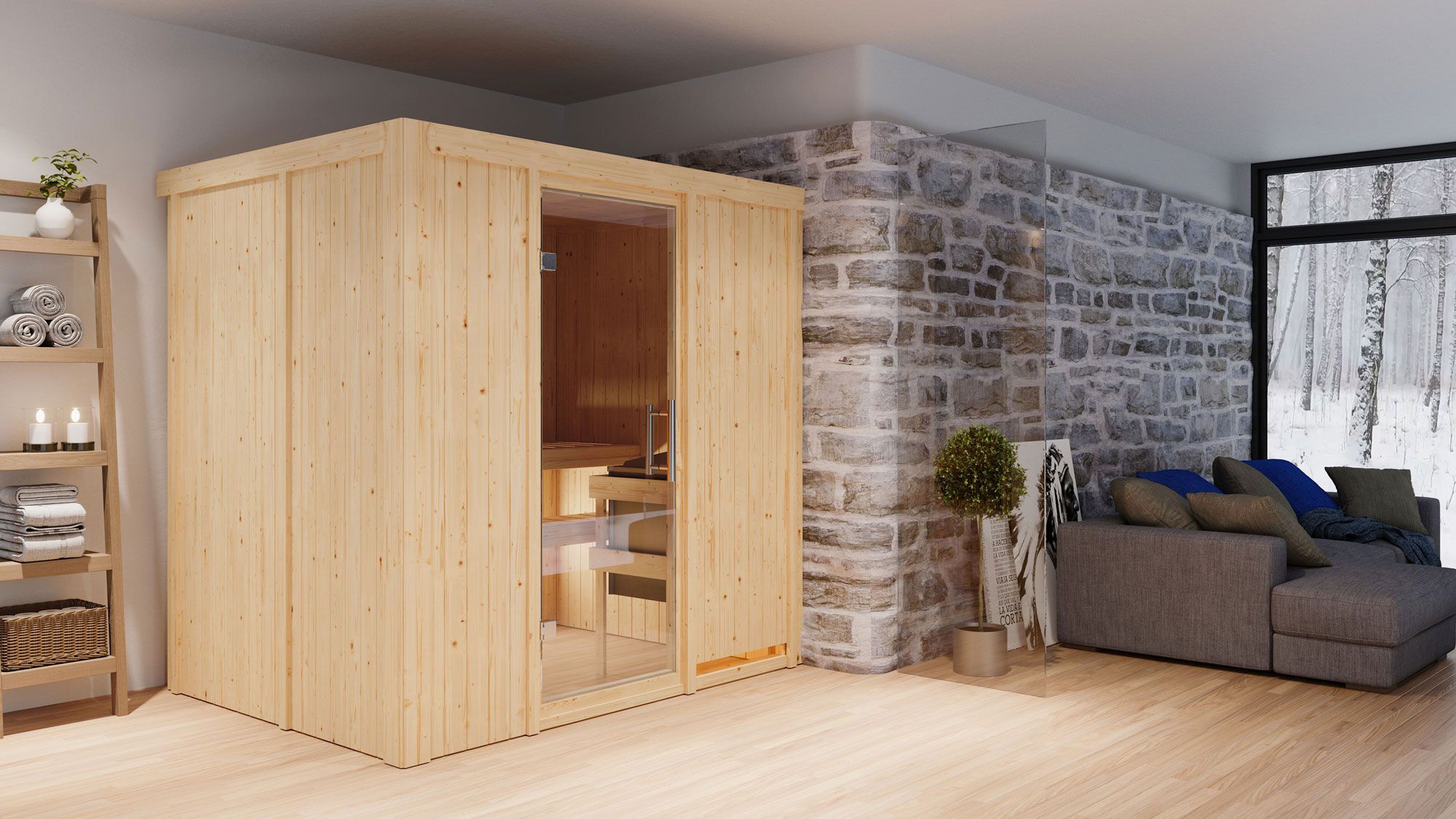 Veli" sauna met heldere glazen deur - kleur: naturel - 196 x 151 x 198 cm (B x D x H)