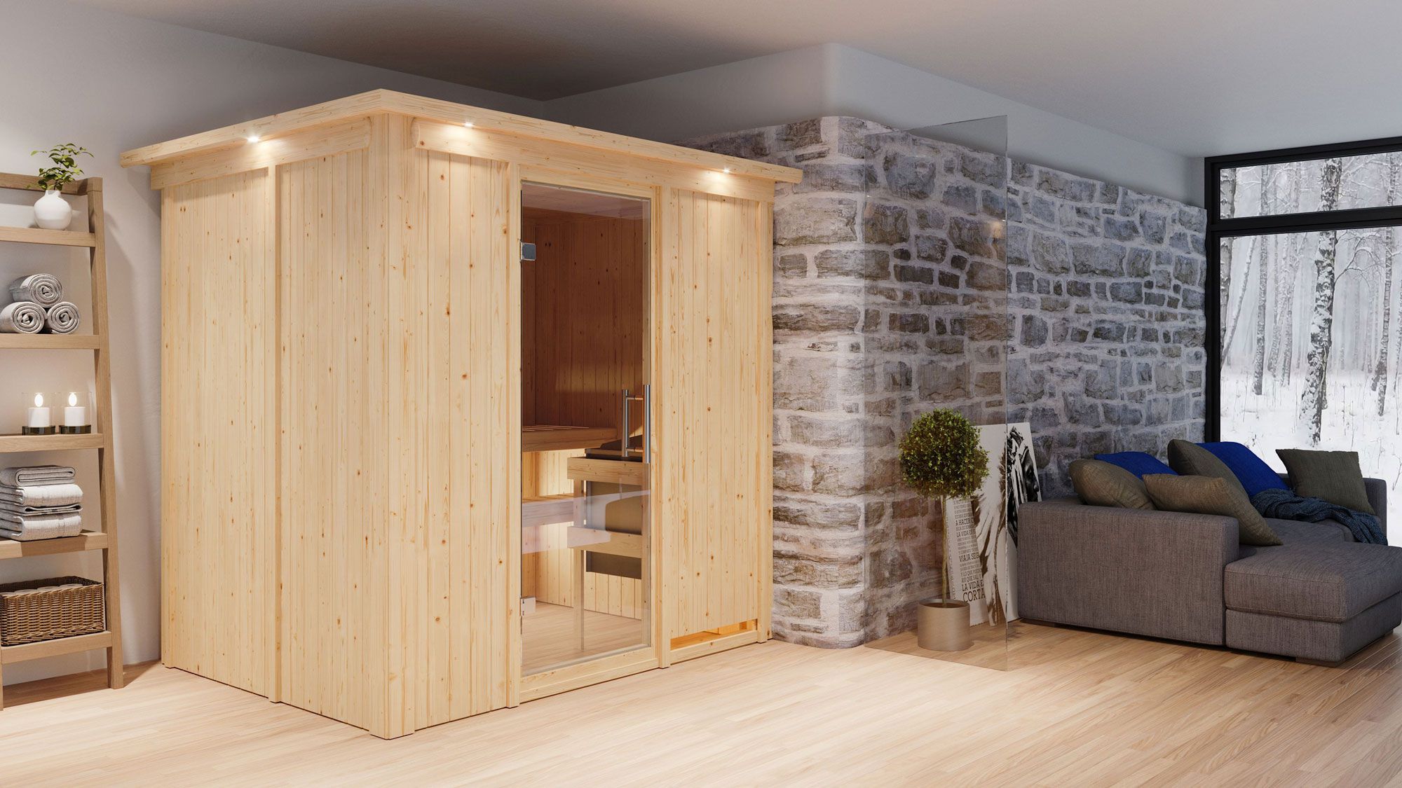 Sauna "Veli" SET met heldere glazen deur, kroon & kachel externe regeling gemakkelijk 9 KW - 210 x 165 x 202 cm (B x D x H)