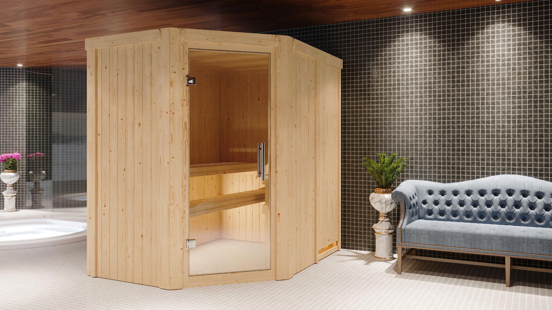 Sauna "Mika" SET met heldere glazen deur & kachel 9 kW - 151 x 196 x 198 cm (B x D x H)