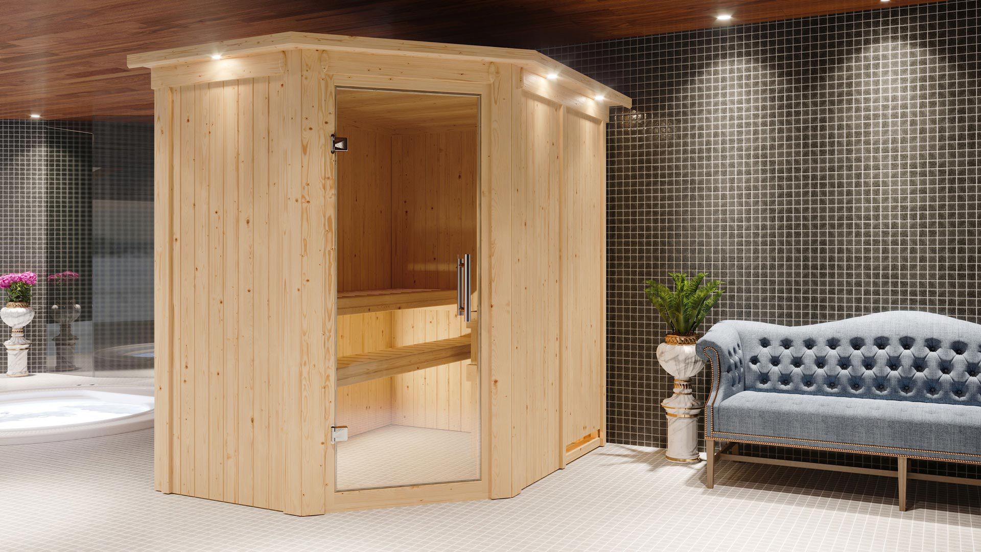 Sauna "Mika" SET met helder glazen deur, kroonlijst & kachel 9 kW - 165 x 210 x 202 cm (B x D x H)