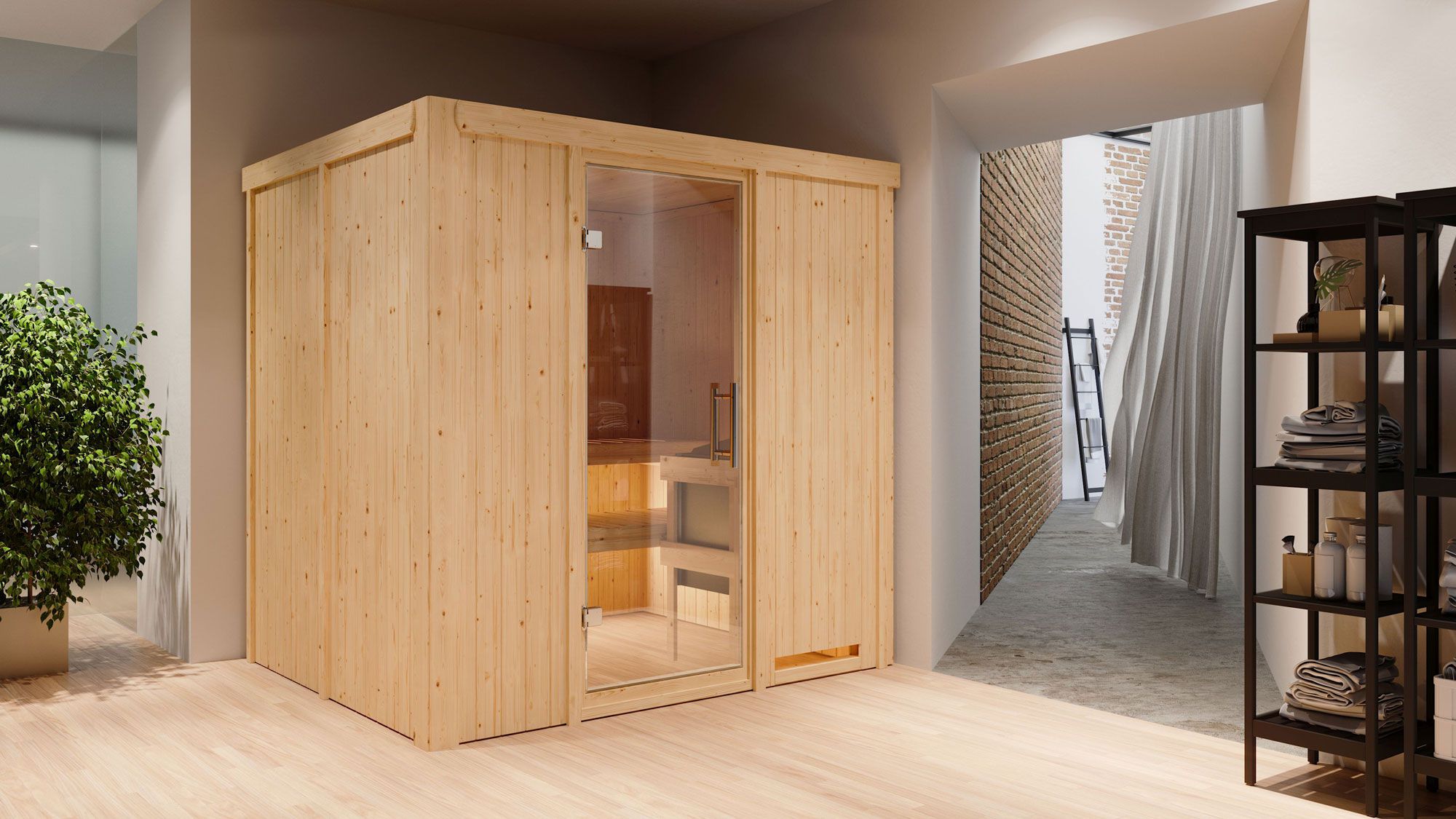 Eemil" sauna met heldere glazen deur - kleur: naturel - 196 x 170 x 198 cm (B x D x H)