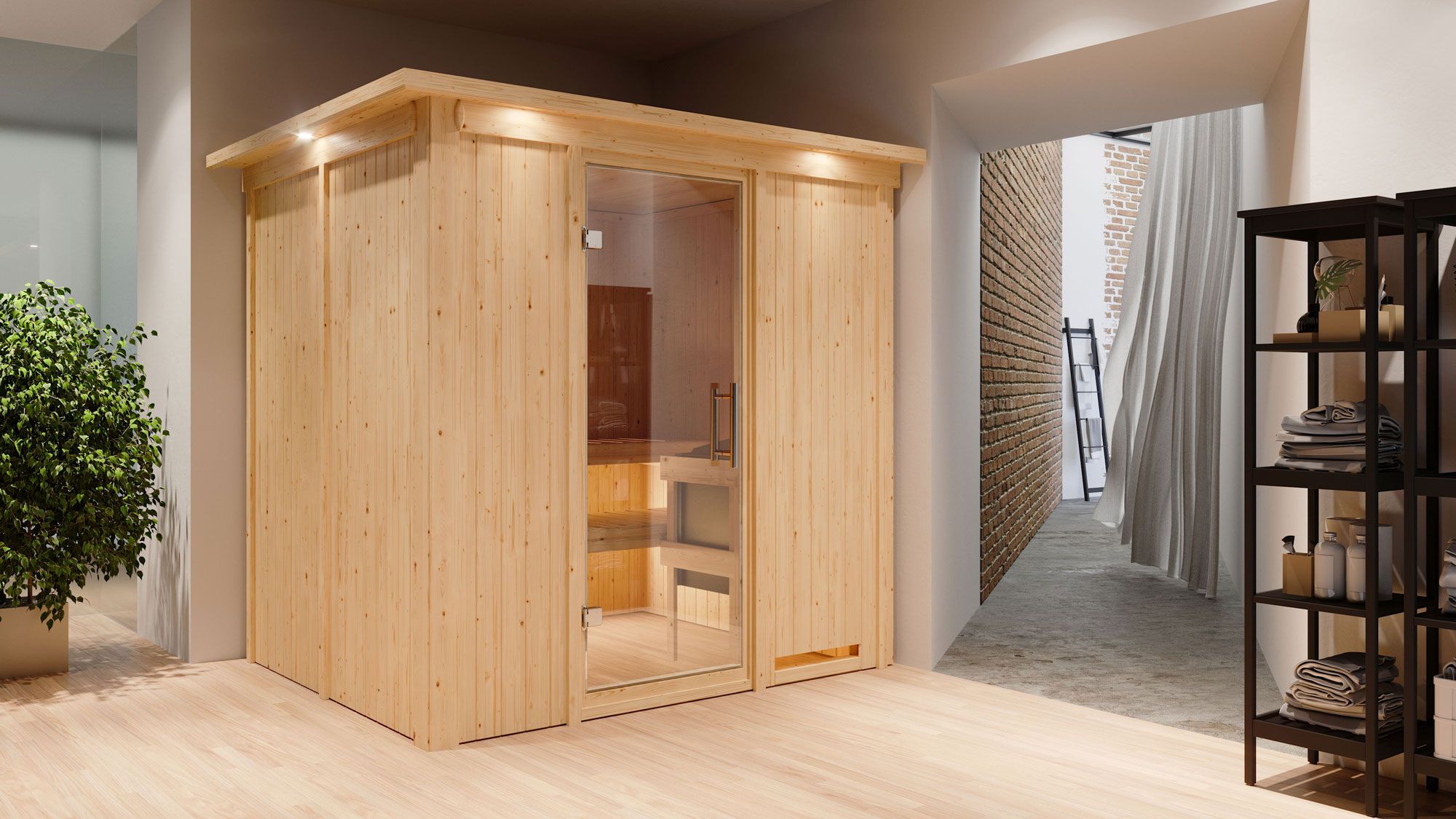 Eemil" sauna met deur en rand van helder glas - Kleur: Naturel - 210 x 184 x 202 cm (B x D x H)