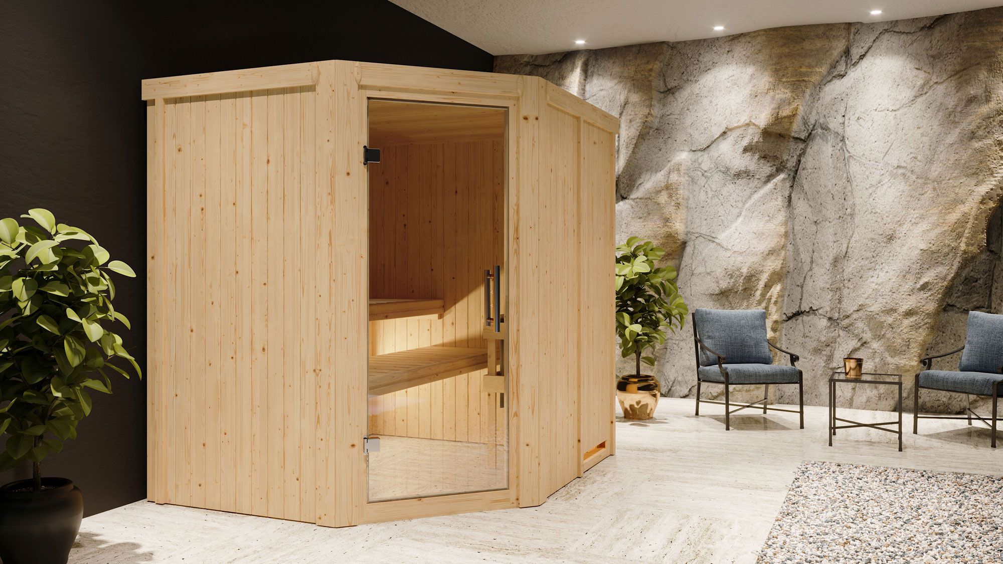 Sauna "Hanko" SET met heldere glazen deur & kachel 9 kW - 196 x 170 x 198 cm (B x D x H)