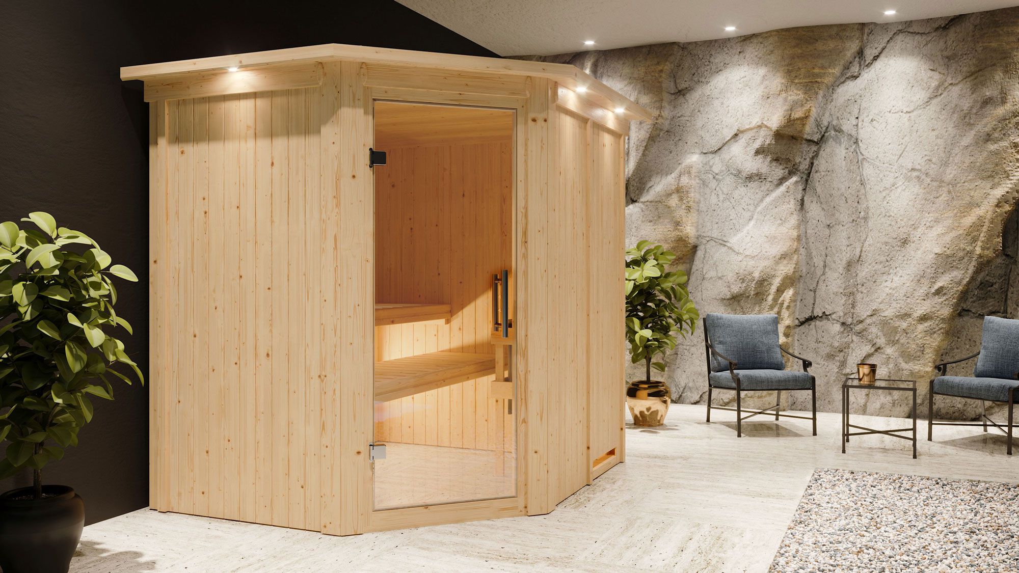 Sauna "Hanko" SET met helder glazen deur, kroonlijst & kachel 9 kW - 210 x 184 x 202 cm (B x D x H)