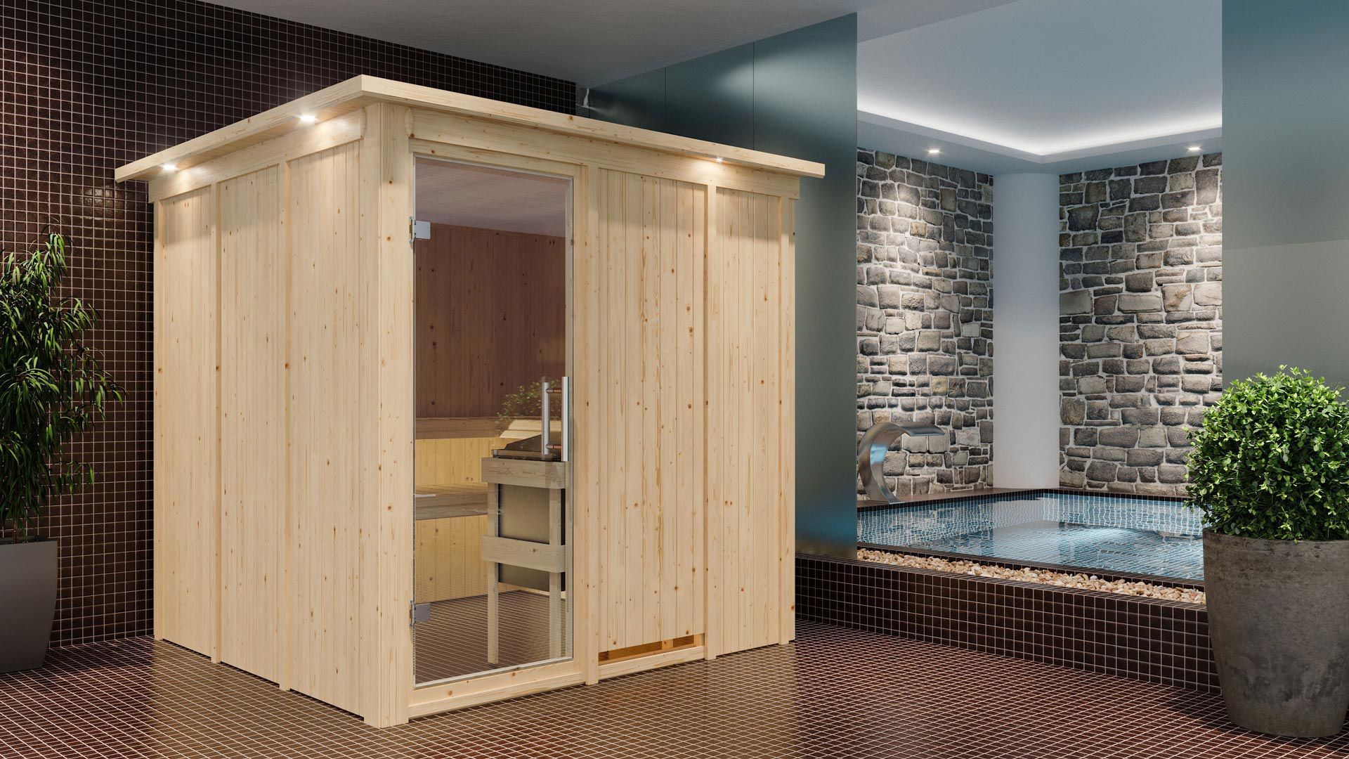 Aleksi" sauna met deur en rand van helder glas - Kleur: Naturel - 210 x 210 x 202 cm (B x D x H)