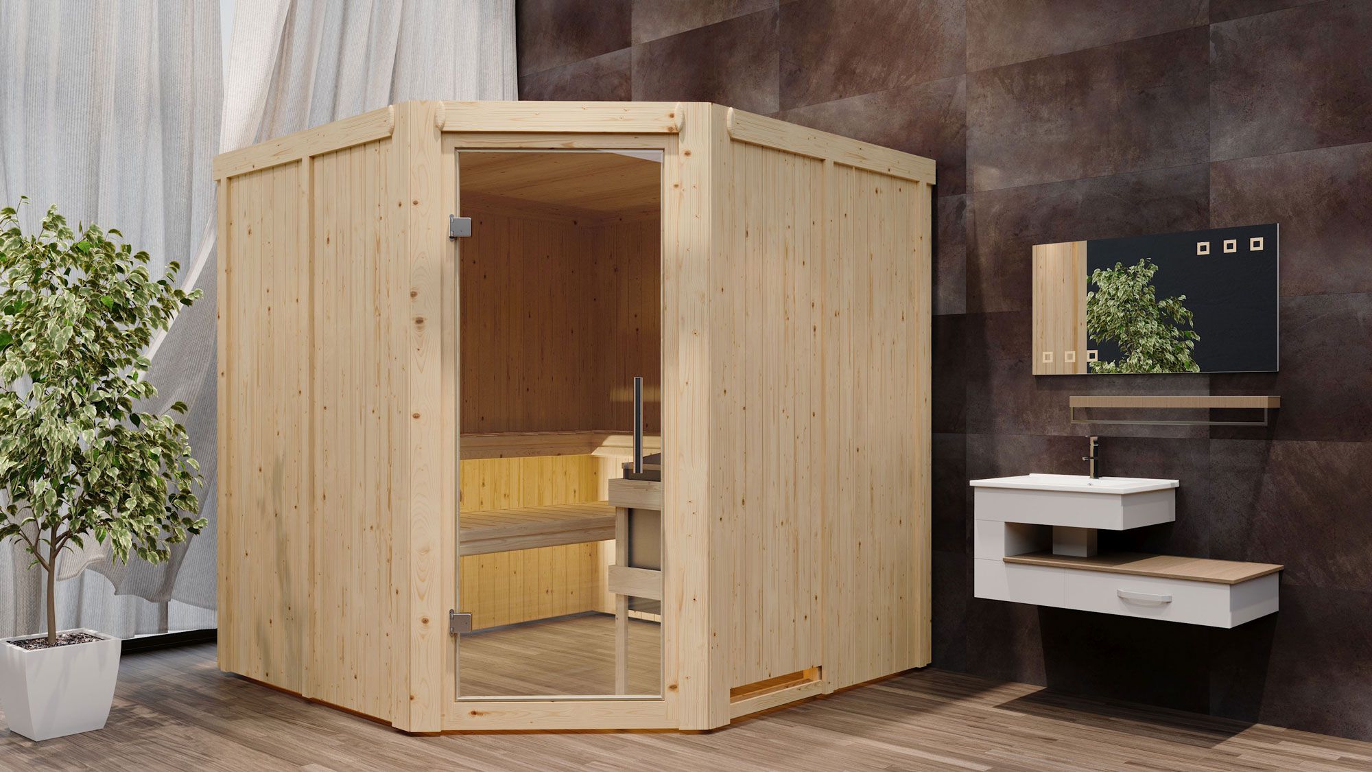 Sauna "Nooa" SET met heldere glasdeur - kleur: natuur, kachel BIO 9 kW - 196 x 196 x 198 cm (B x D x H)