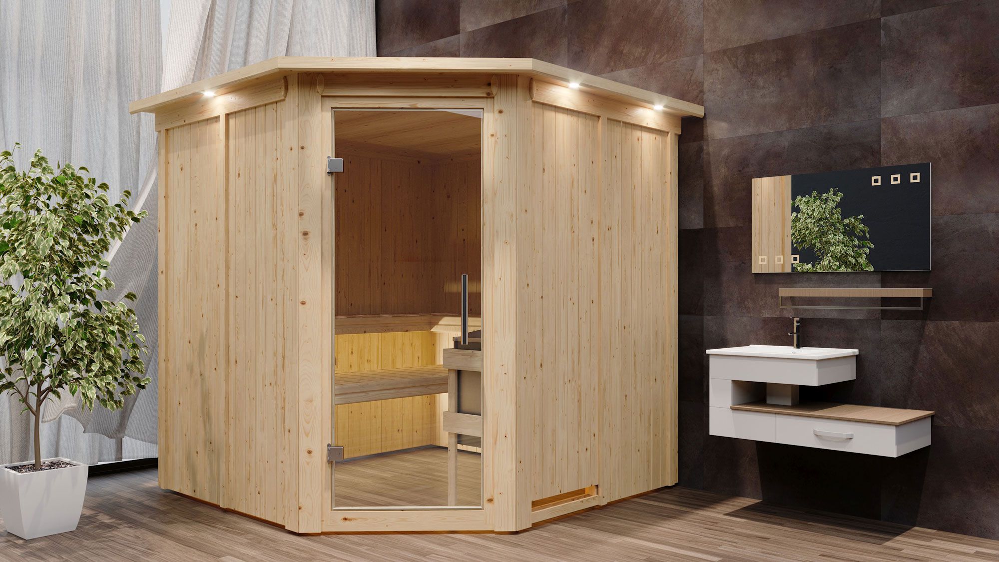 Sauna "Nooa" SET met helder glazen deur, kroonlijst & kachel 9 kW - 210 x 210 x 202 cm (B x D x H)
