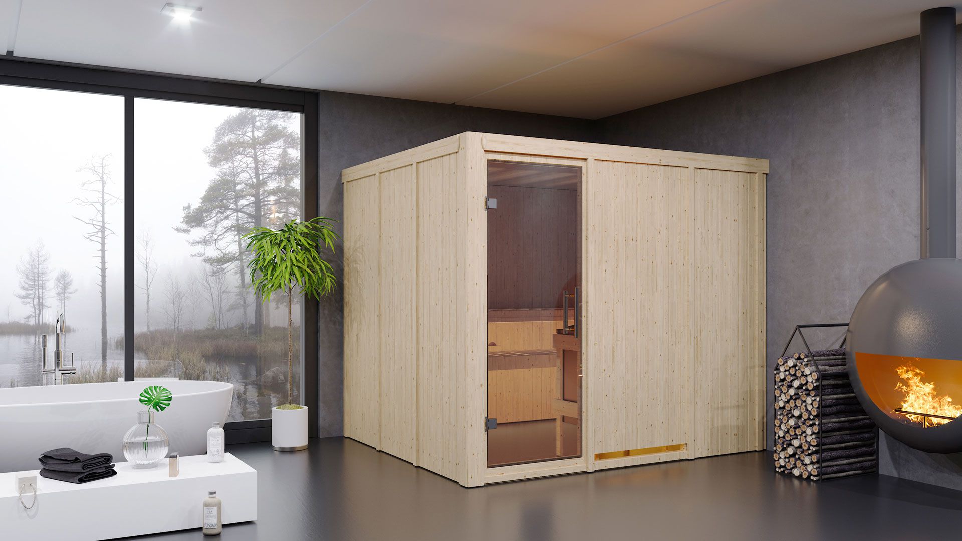 Sauna "Toivo" SET met heldere glazen deur & kachel BIO 9 kW - 231 x 196 x 198 cm (B x D x H)