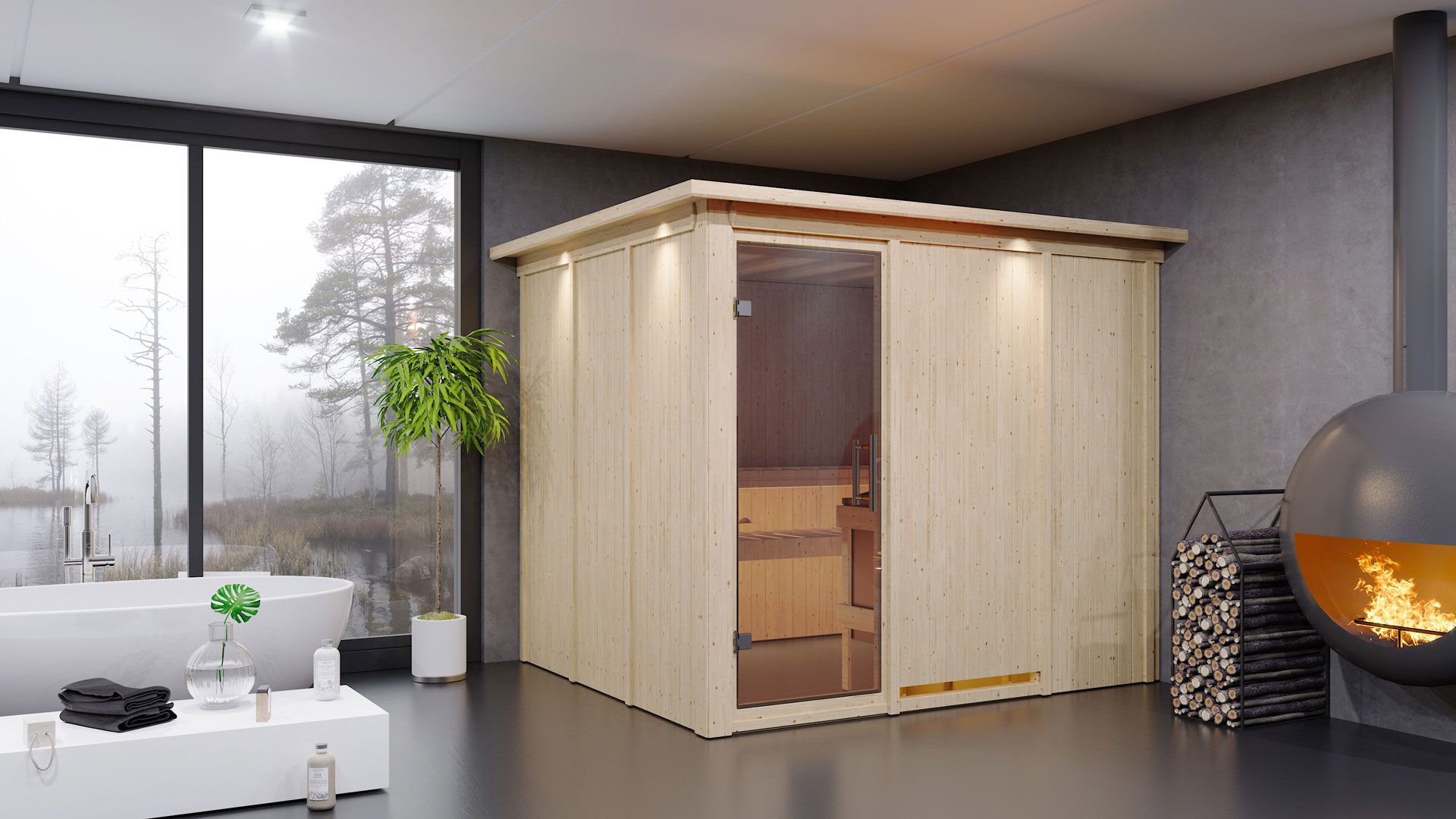 Sauna "Toivo" SET met helder glazen deur, kroonlijst & kachel 9 kW - 245 x 210 x 202 cm (B x D x H)