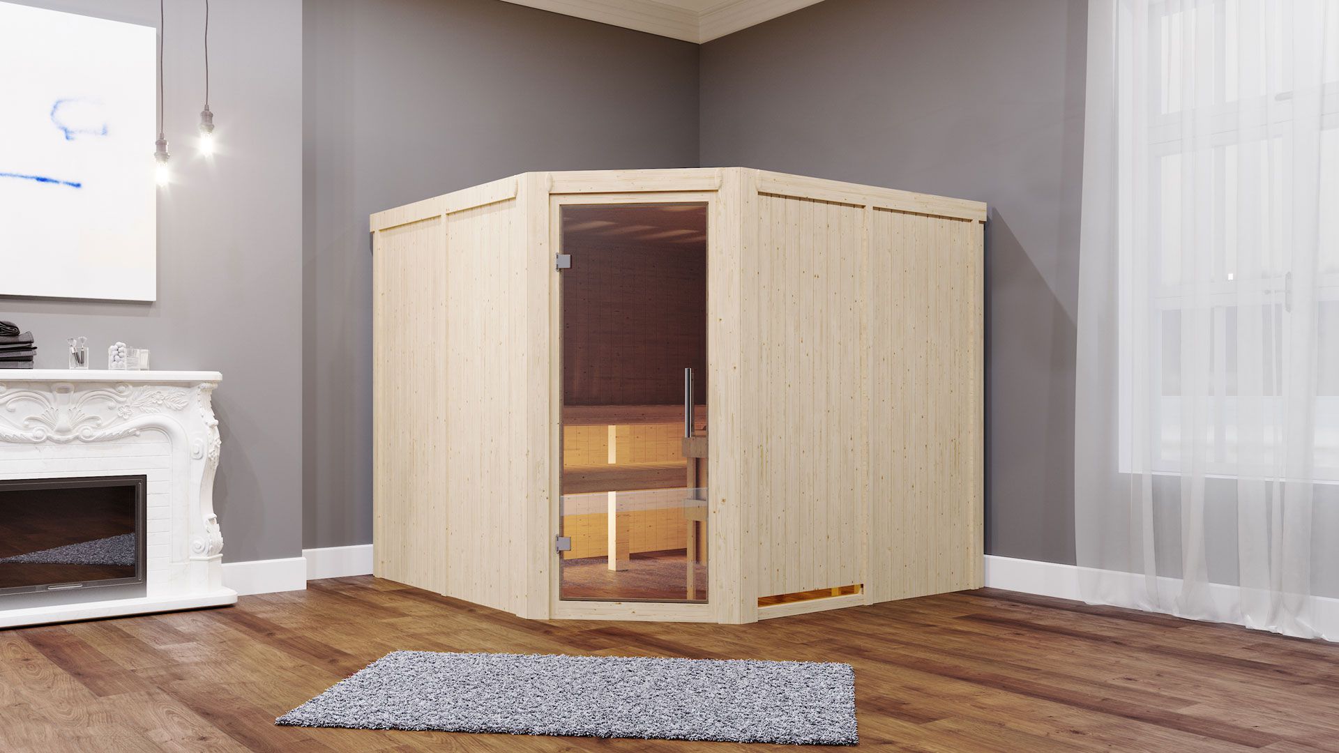Samu" sauna met heldere glazen deur - kleur: naturel - 231 x 196 x 198 cm (B x D x H)