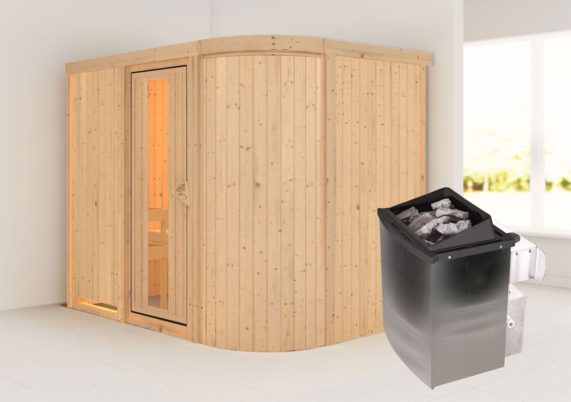 Sauna "Einar" SET met energiebesparende deur en kachel 9 kW - 231 x 170 x 198 cm (B x D x H)