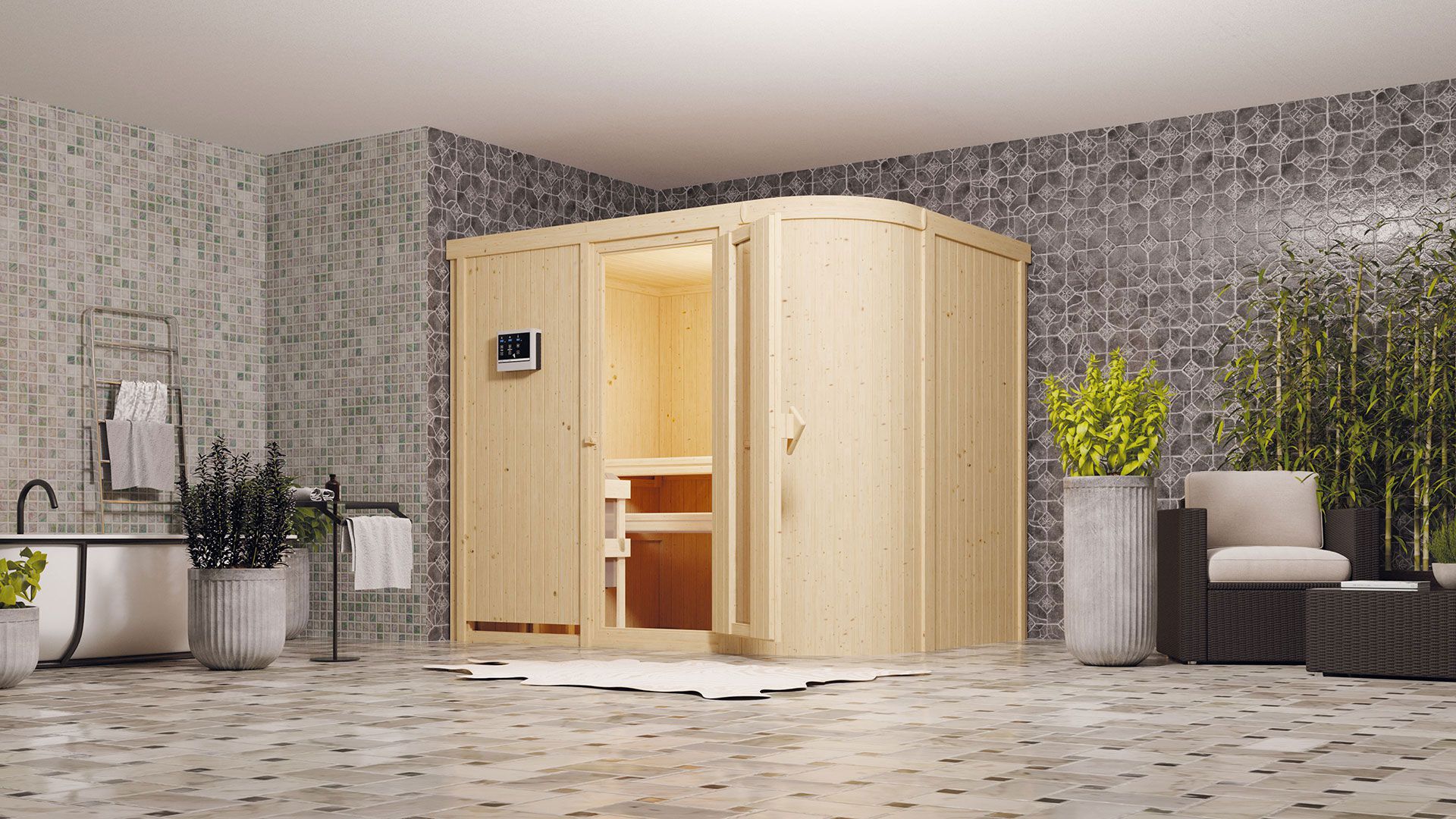 Sauna "Einar" SET met energiebesparende deur en kachel externe regeling gemakkelijk 9 KW - 231 x 170 x 198 cm (B x D x H)