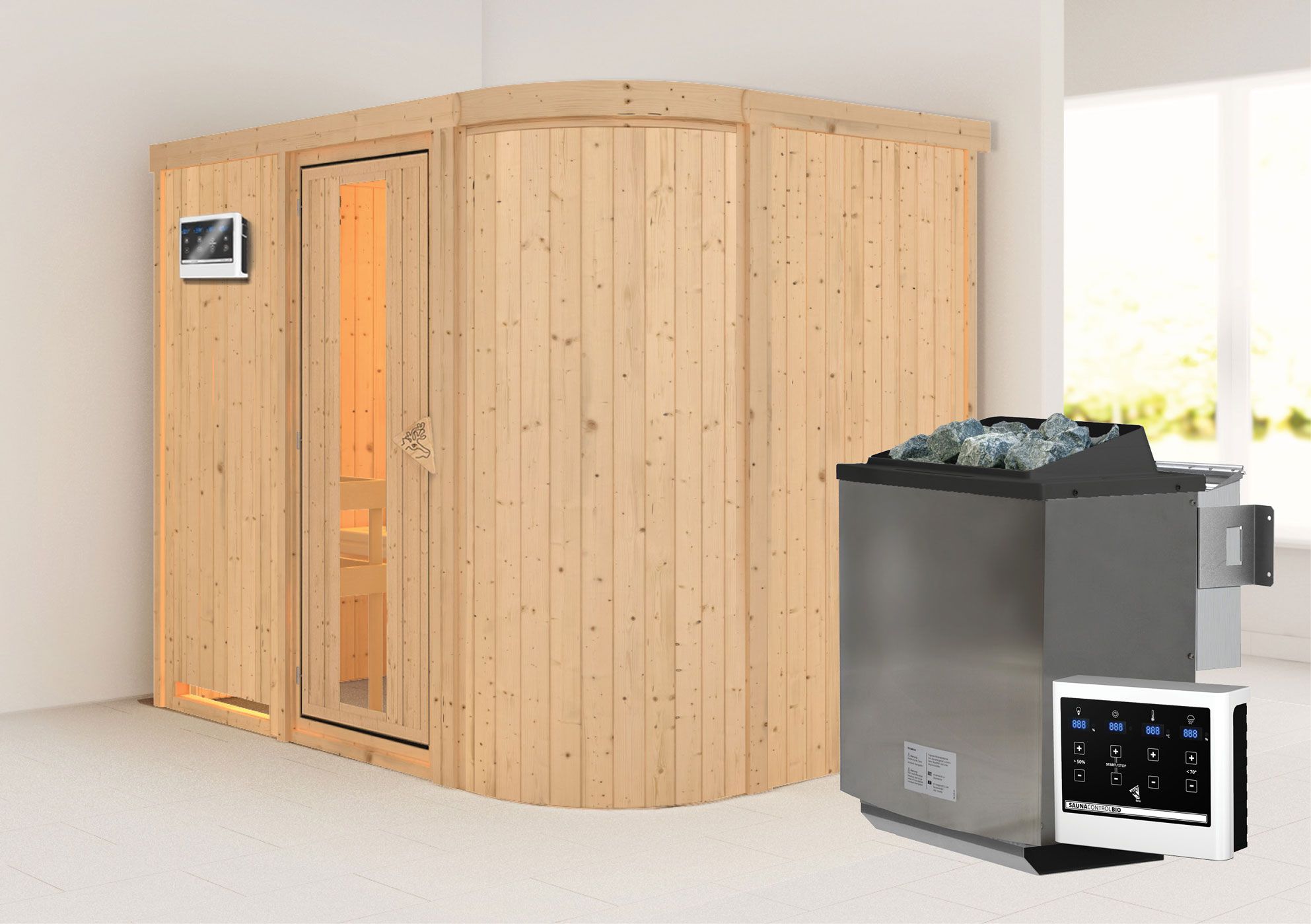 Sauna "Einar" SET met energiebesparende deur en kachel BIO 9 kW - 231 x 170 x 198 cm (B x D x H)
