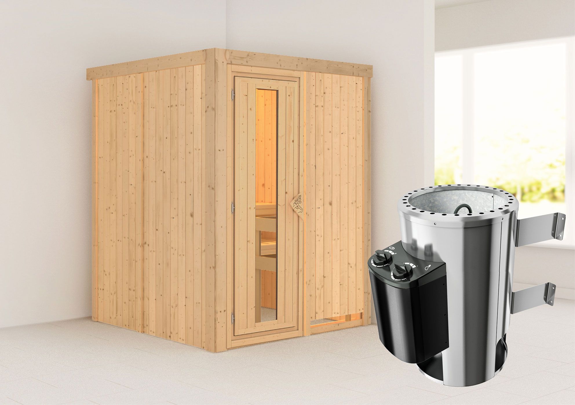 SET-sauna "Joran" met energiebesparende deur en 3,6 kW kachel - 151 x 151 x 198 cm (B x D x H)