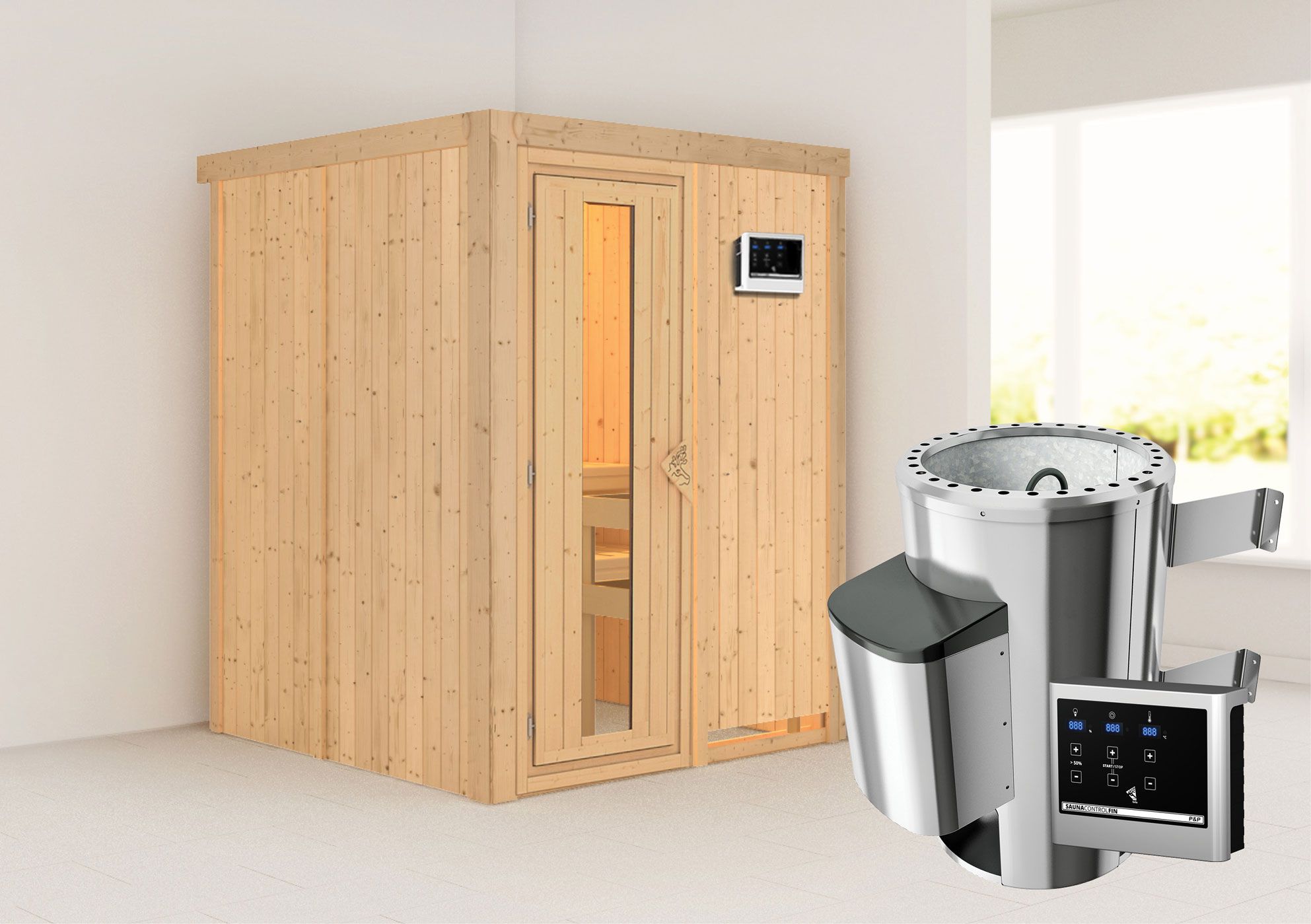 Sauna "Joran" SET met energiebesparende deur - kleur: natuur, kachel externe regeling eenvoudig 3,6 kW - 151 x 151 x 198 cm (B x D x H)