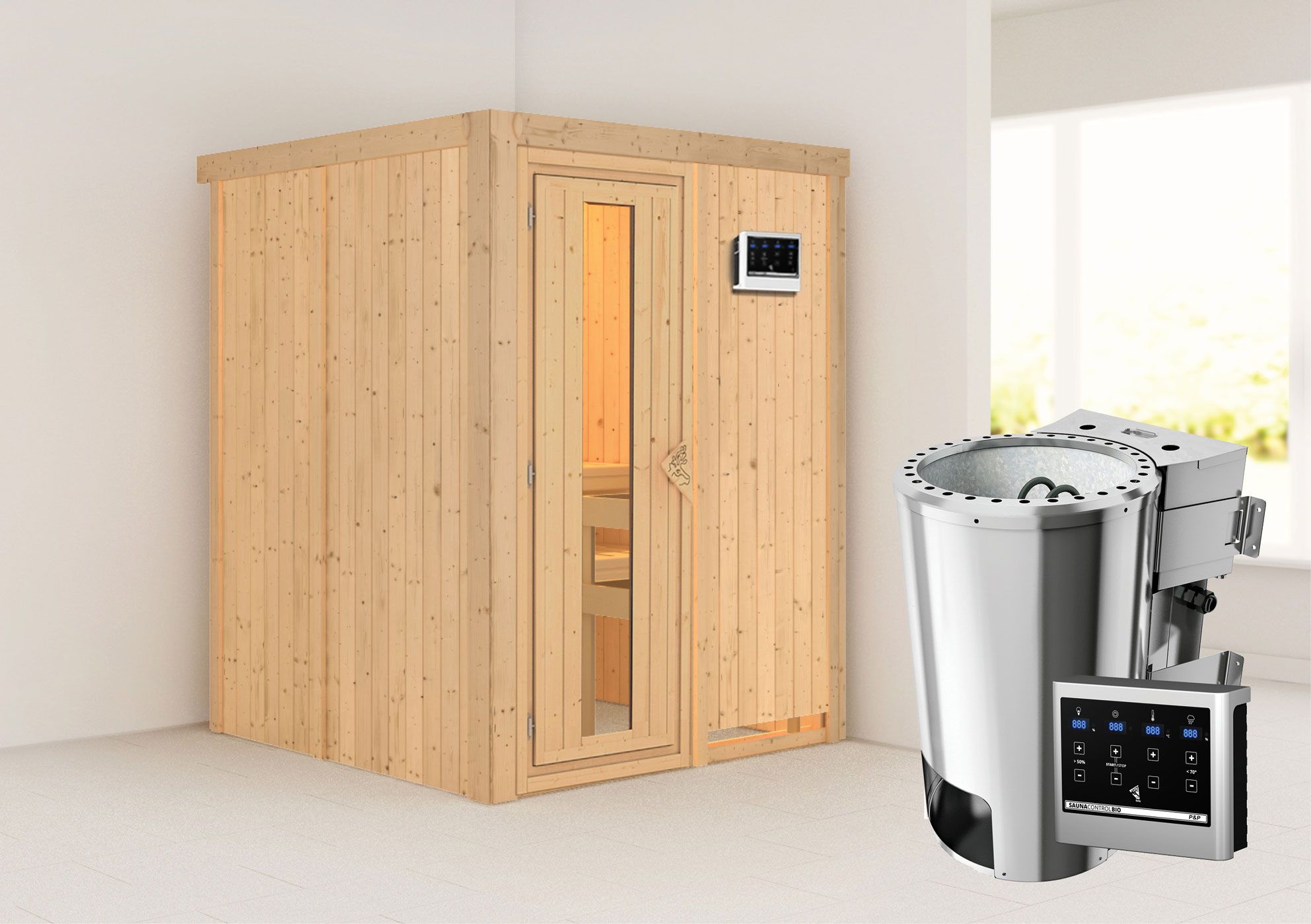Sauna "Joran" SET met energiebesparende deur en kachel BIO 3,6 kW - 151 x 151 x 198 cm (B x D x H)